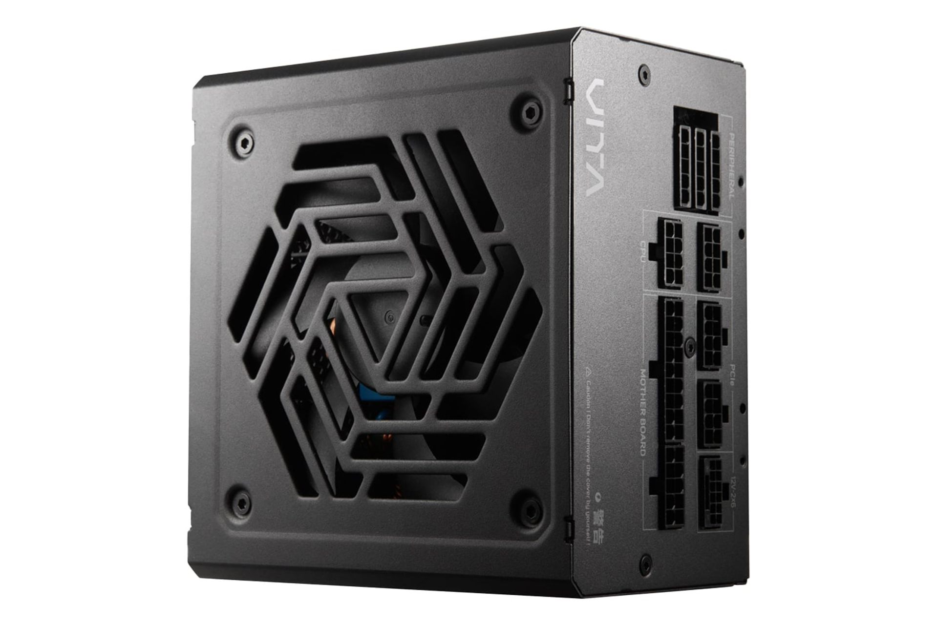 نمای نیمرخ پاور کامپیوتر اف اس پی VITA GM با توان 1000 وات با نمایش فن، لوگو و اتصالات رنگ مشکی