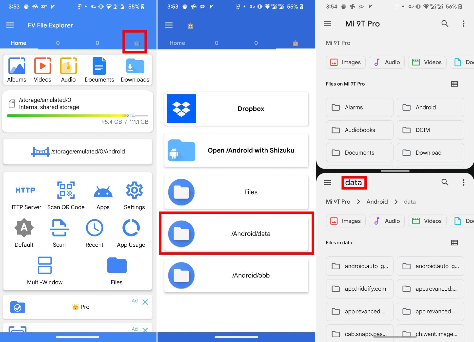 مراحل دسترسی به پوشه‌ی data در FV File Manager از طریق روش split screen