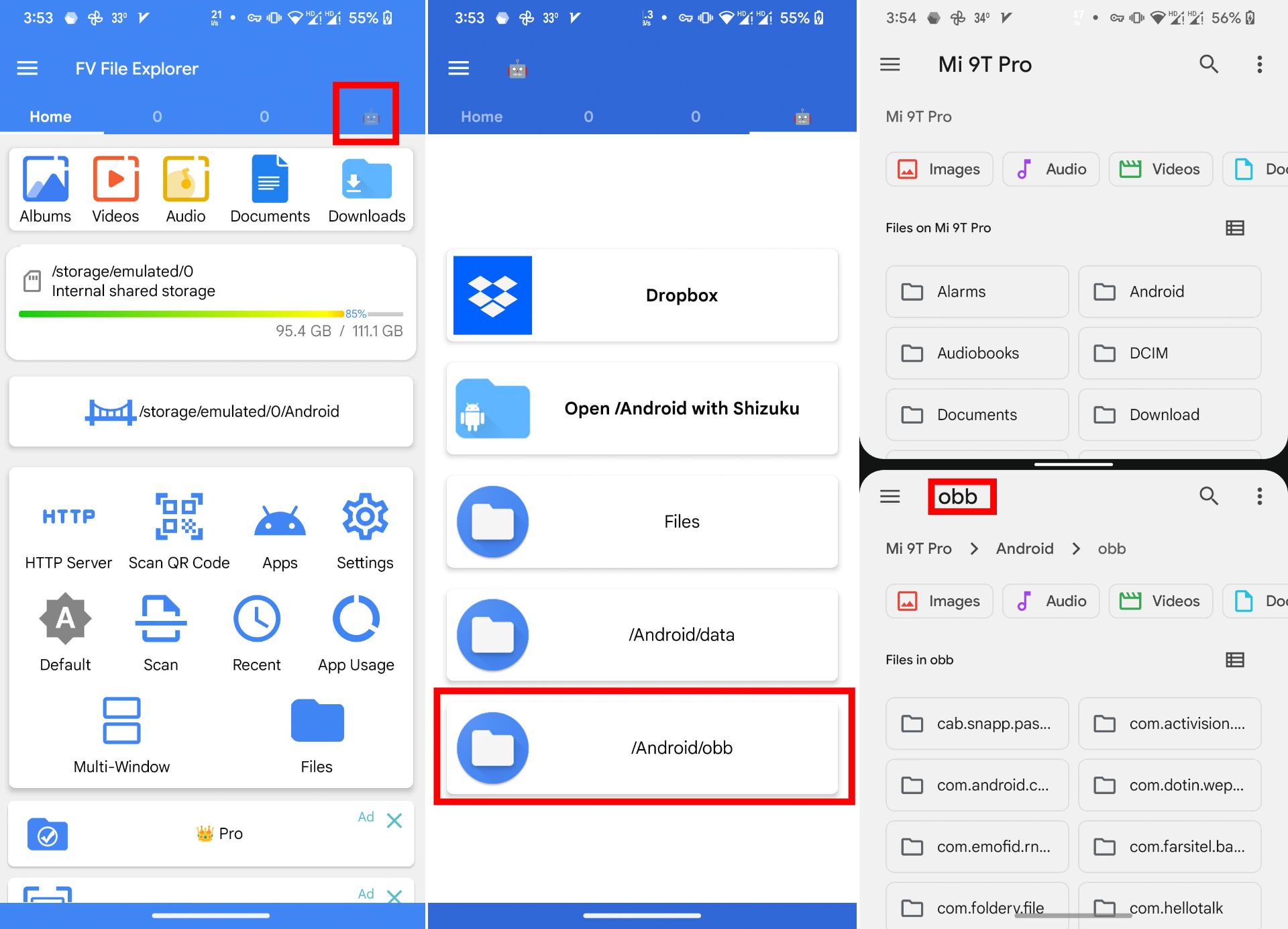 مراحل دسترسی به پوشه‌ی obb در FV File Manager از طریق روش split screen