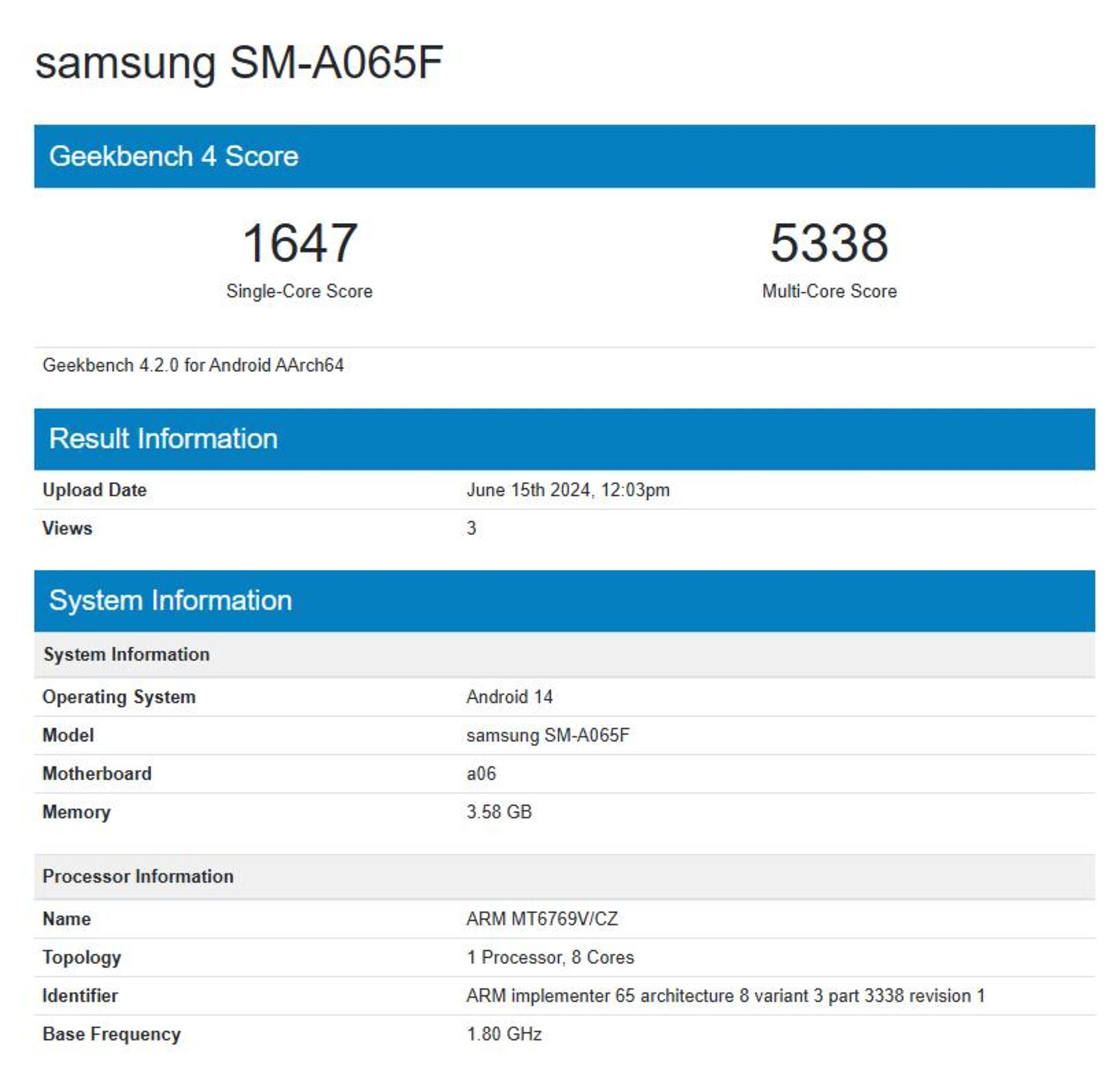 امتیاز Galaxy A06 در Geekbench 4