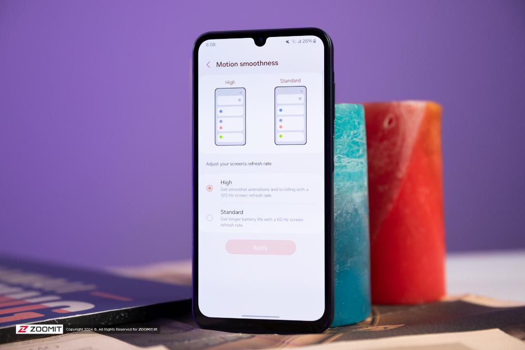 صفحه‌ی تنظیمات Motion smoothness گلکسی A25