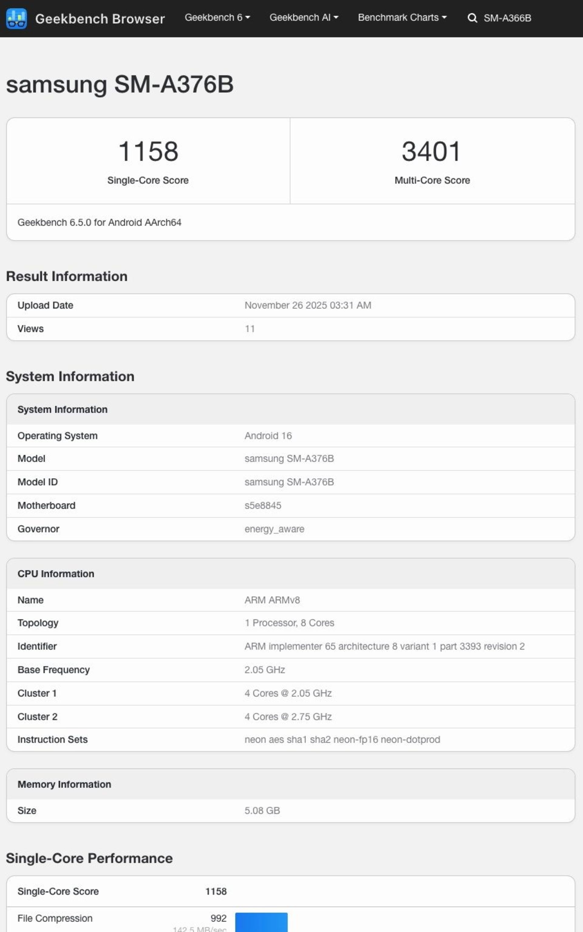 بنچمارک گلکسی A37 با امتیاز‌های تک و چند هسته‌ای
