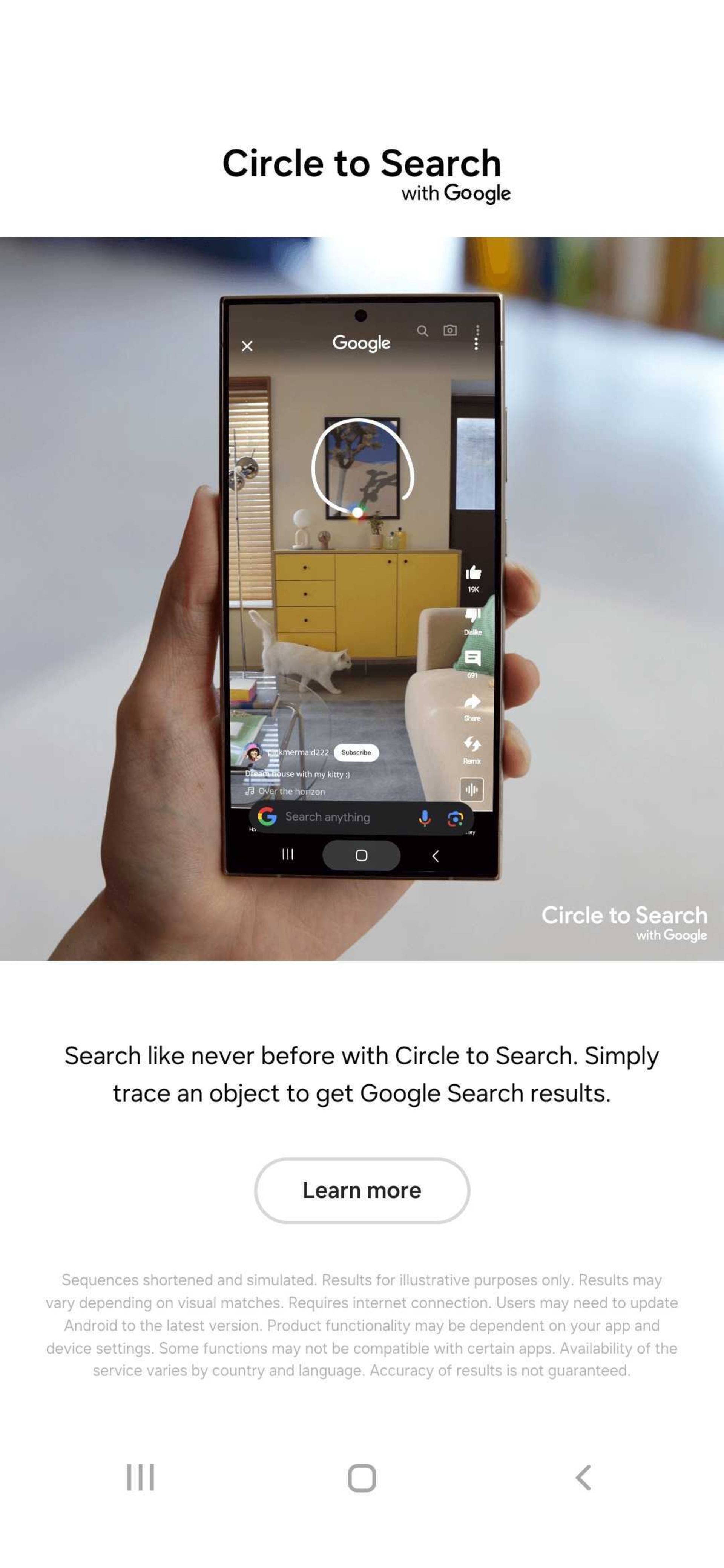 گوشی در دست با نمایش قابلیت circle to search