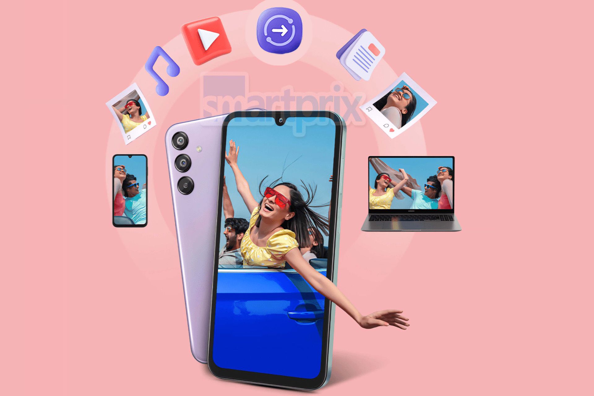 گلکسی F15 5G با پس زمینه‌ی صورتی