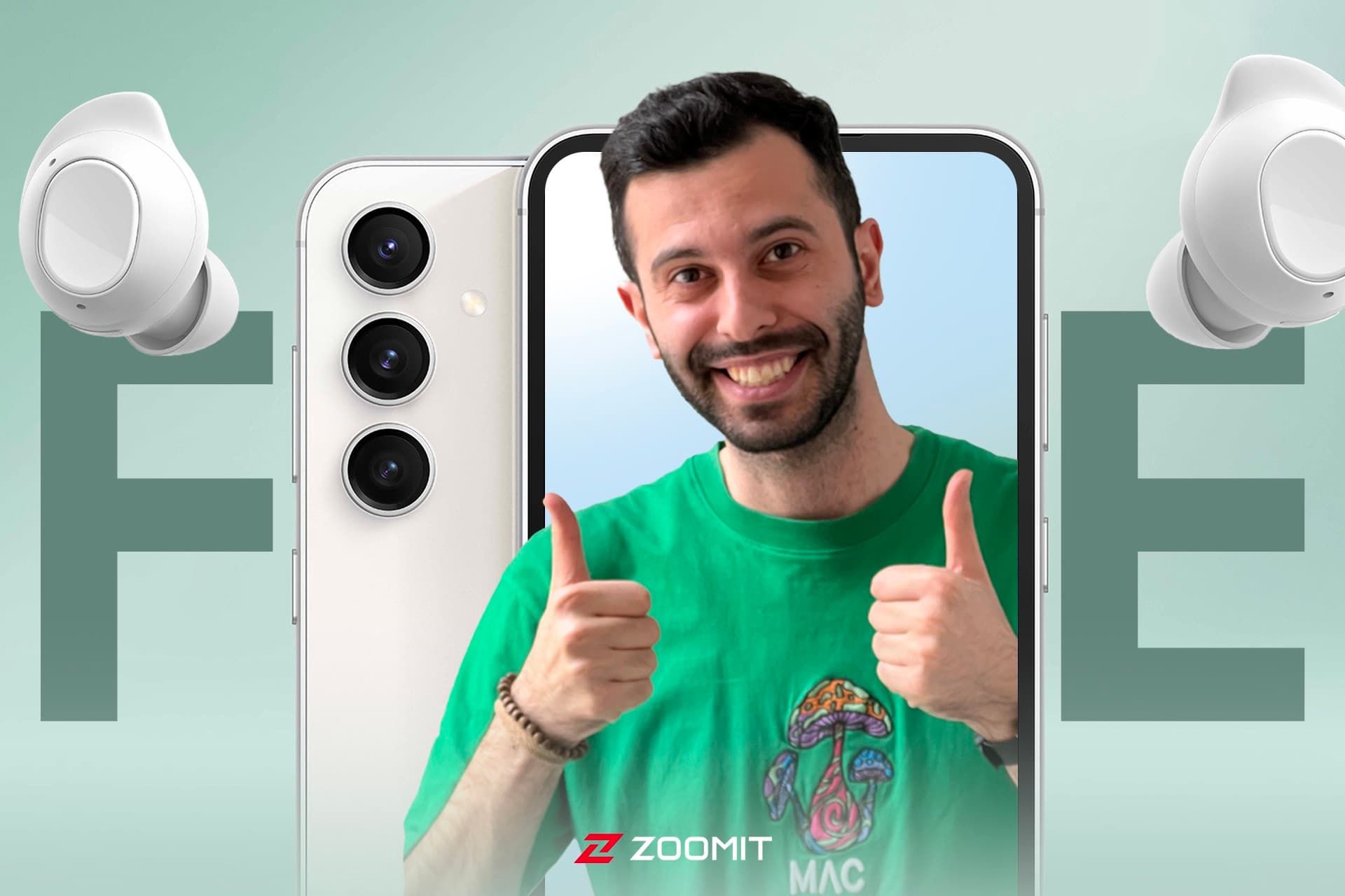 پسر جوان با تی‌شرت سبز در نمایشگر گلکسی S23 FE سامسونگ