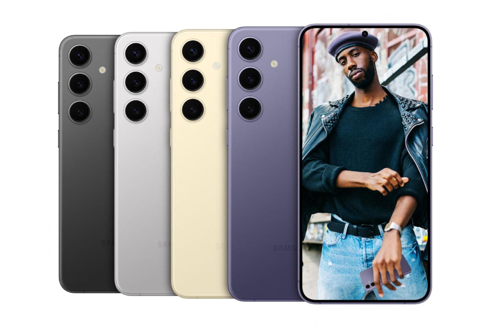 گلکسی S24 در چهار رنگ از نمای پشت و جلو