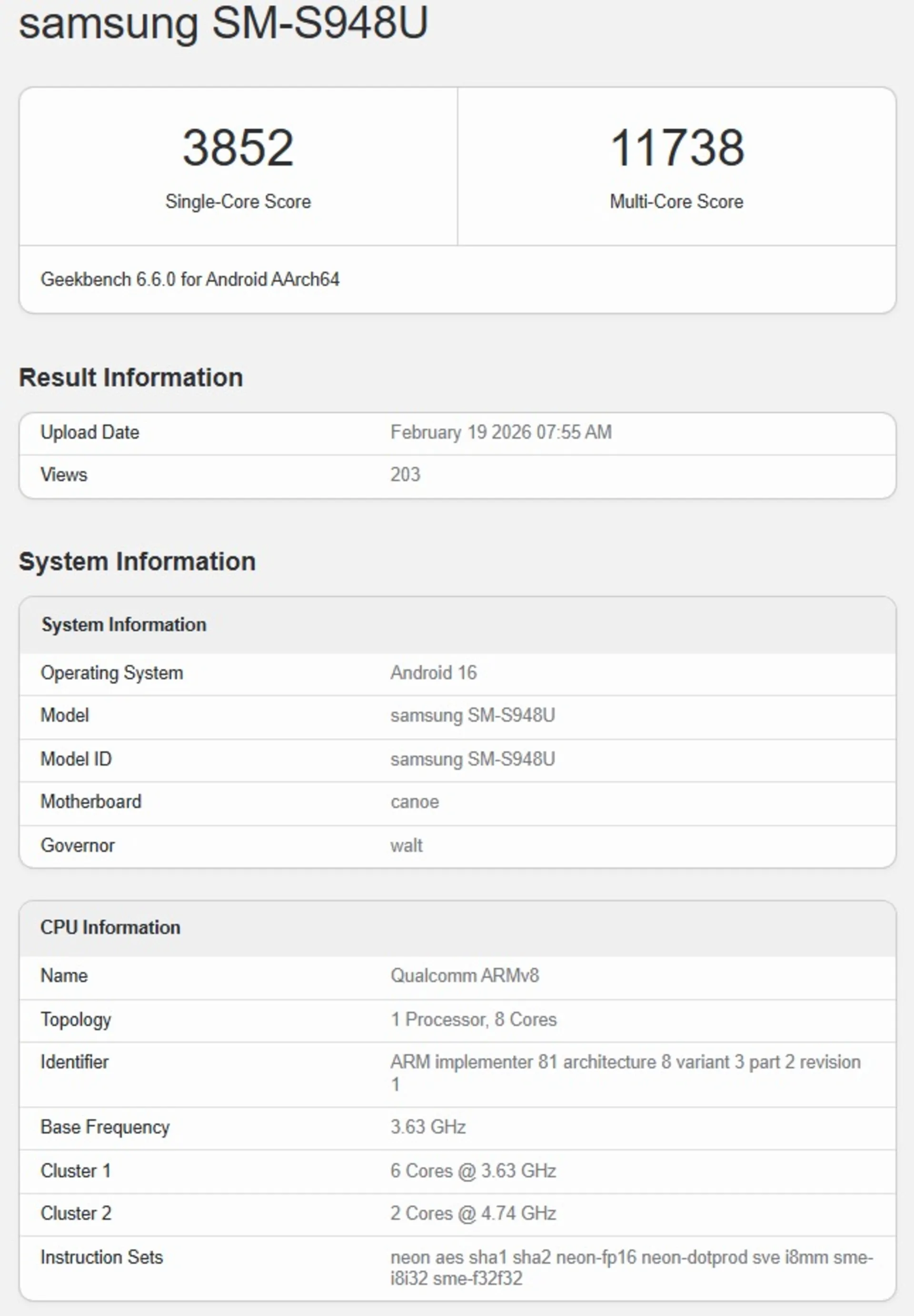 امتیاز گلکسی S26 اولترا در گیک‌بنچ
