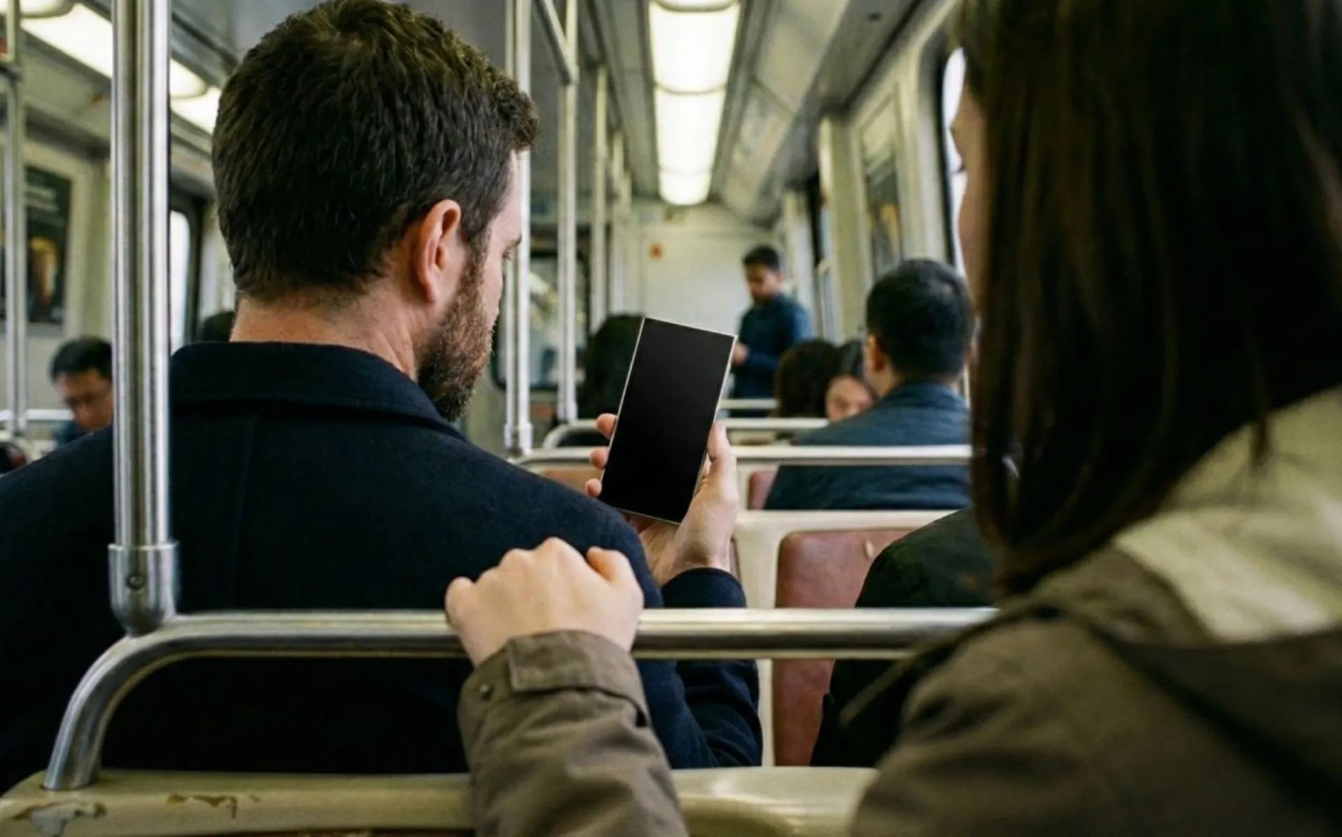 یک نفر در اتوبوس در حال کار با گوشی 