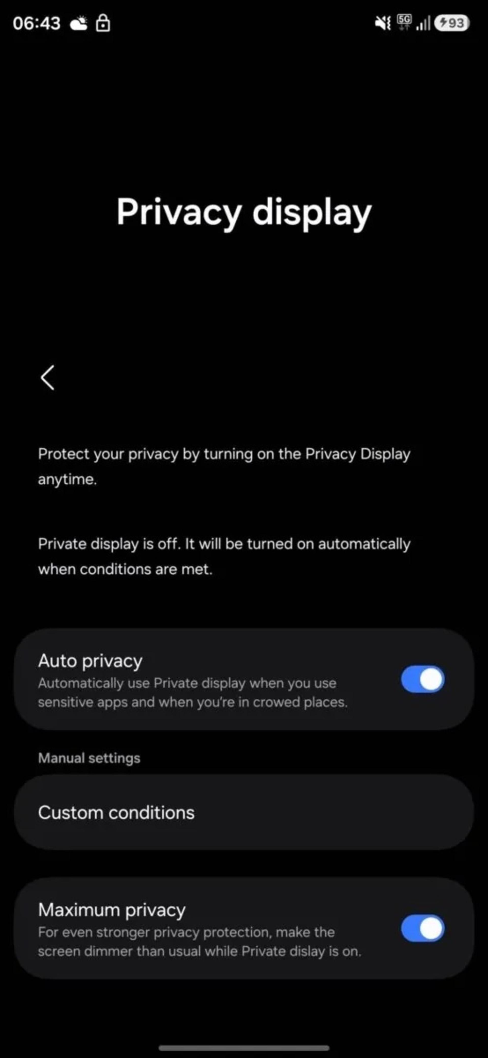 گزینه‌های قابلیت Privacy Display در گلکسی S26 اولترا