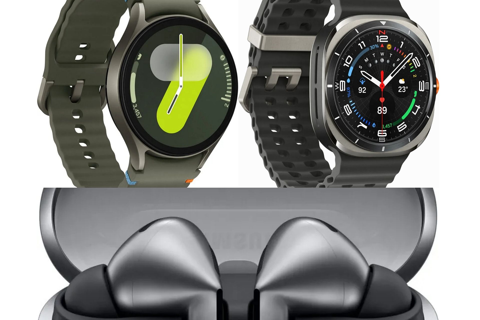 Galaxy Watch Ultra, Galaxy Watch and Galaxy Buds 3 Pro side by side