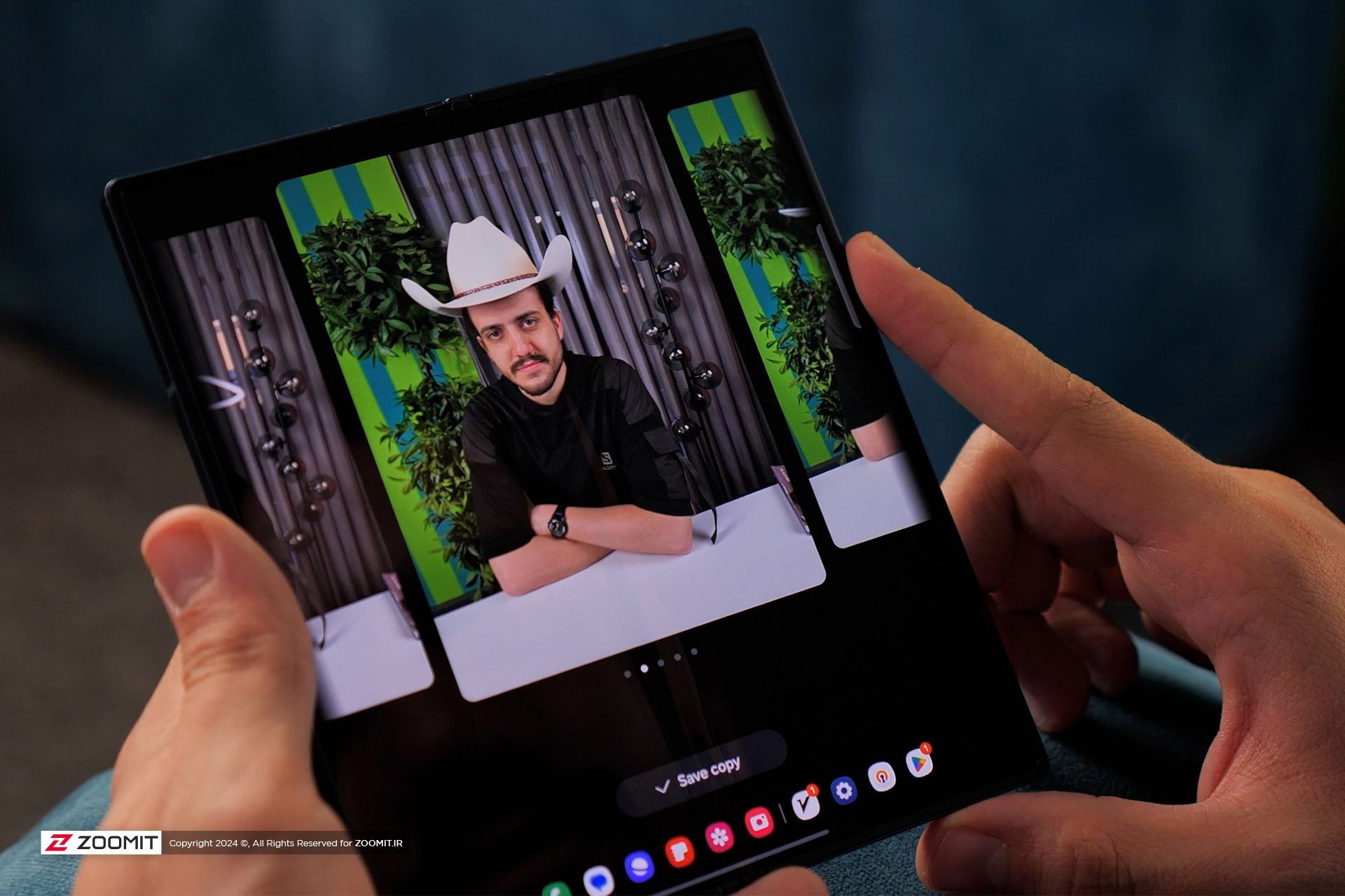 A person with a hat on the display of the Galaxy Z Fold 6