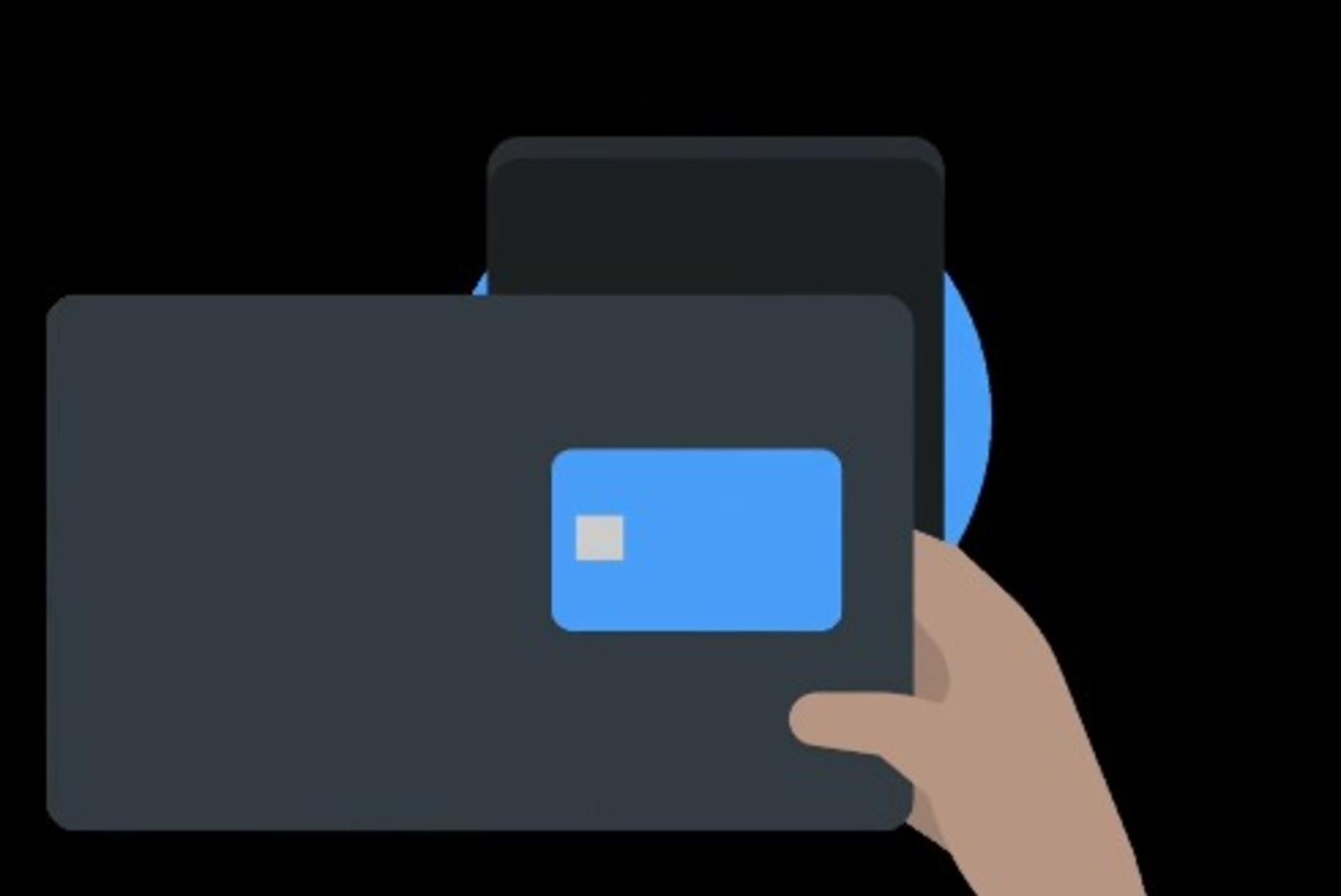 نمای انیمیشنی از گوشی تاشو سه‌تکه‌ی سامسونگ و پرداخت NFC
