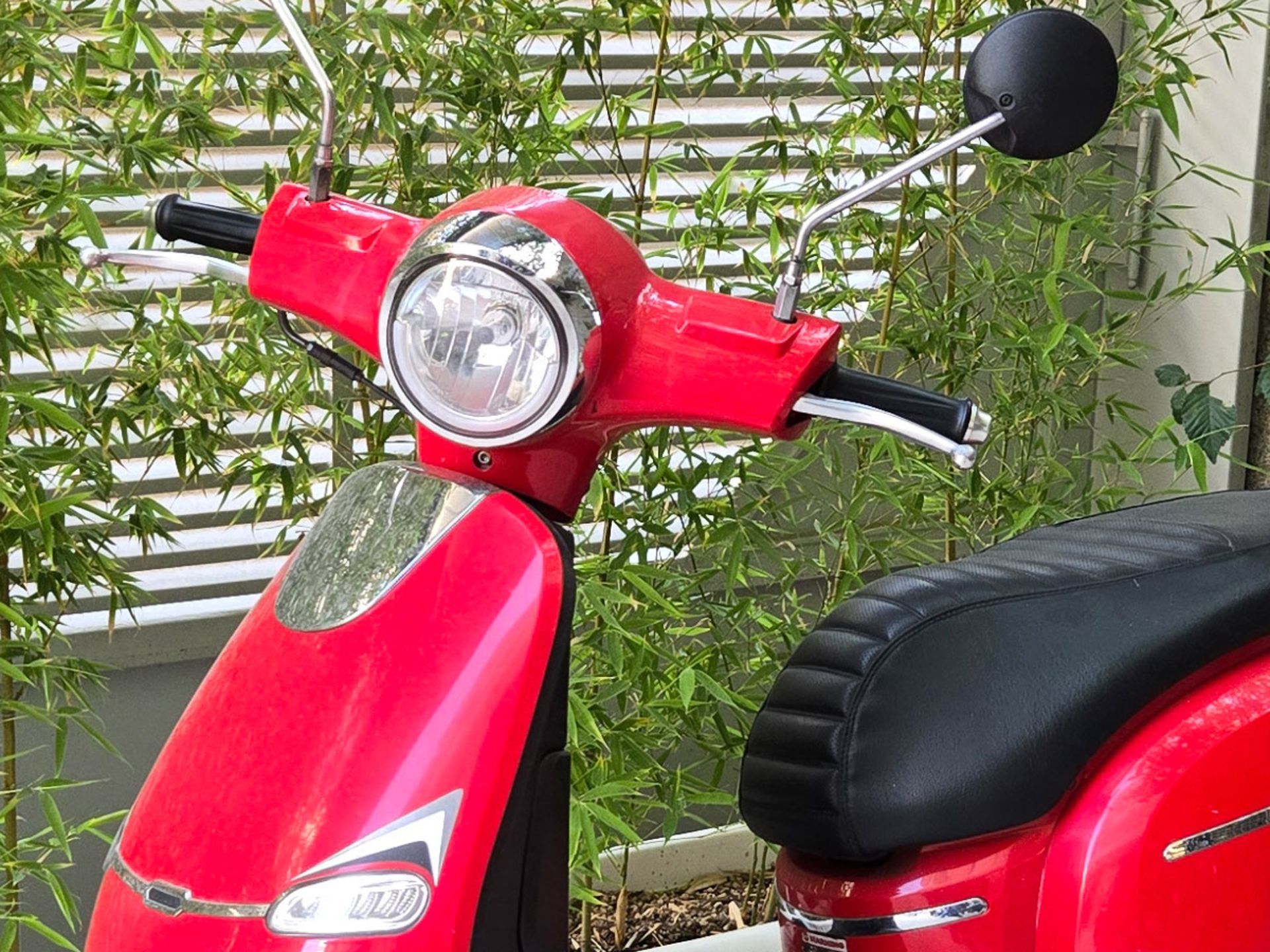 A close-up view of the motorcycle next to the vase