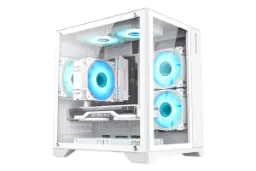 نمای نیمرخ کیس کامپیوتر گیم‌ مکس Infinity Mini با نمایش پنل جلو و سمت چپ رنگ سفید