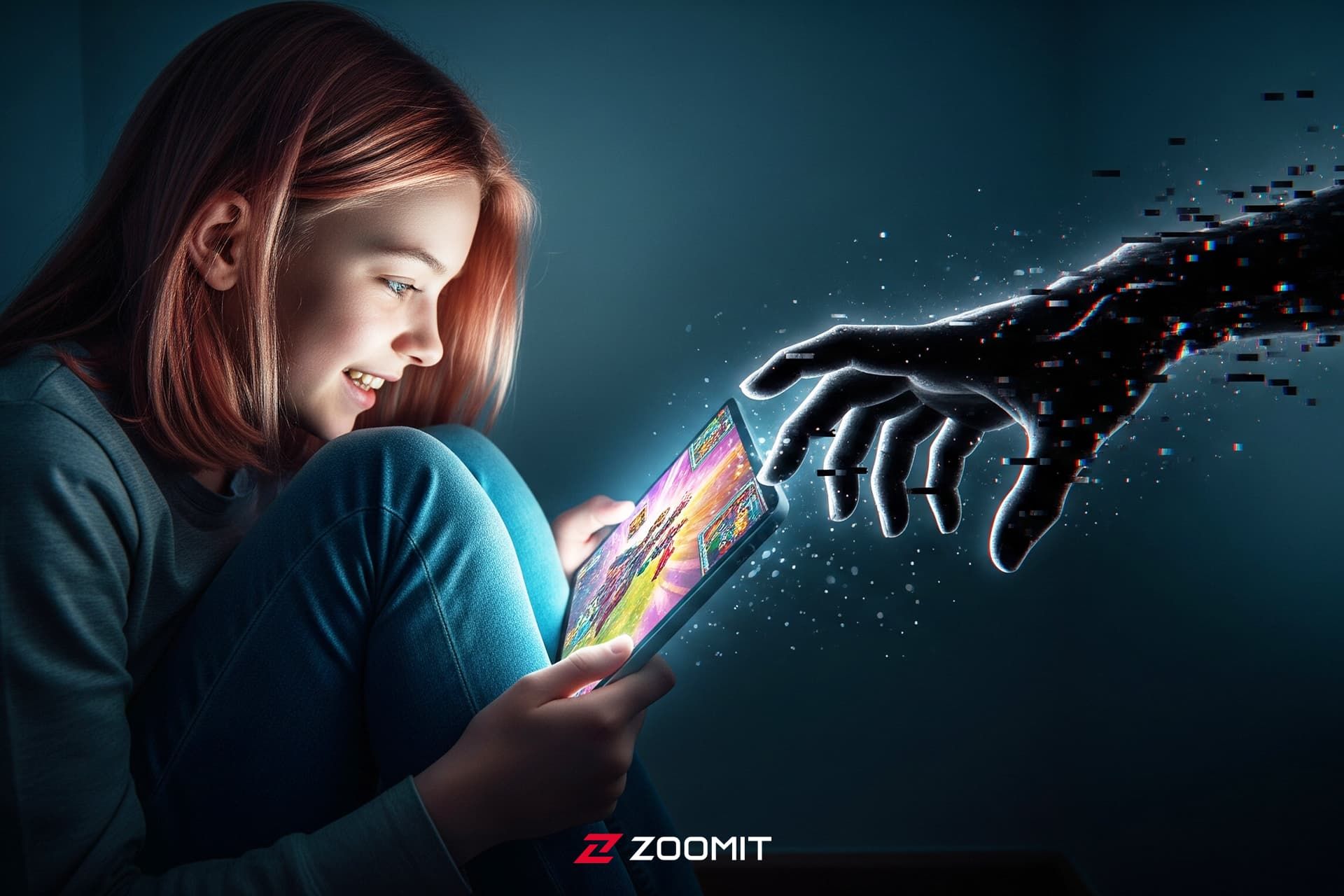 دستی سایبری که به سمت دختر نوجوانی درحال بازی با گوشی دراز شده