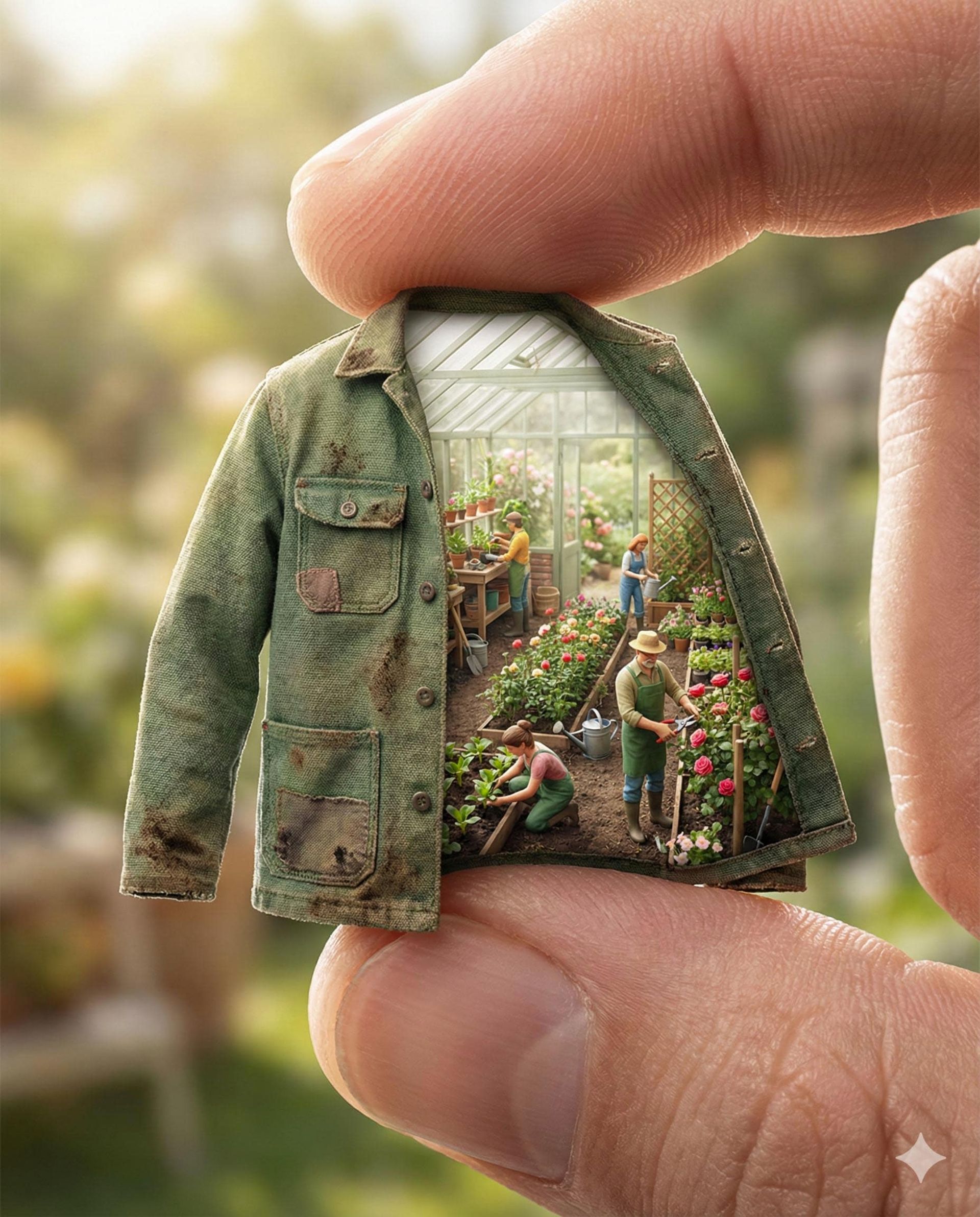 یک کت باغبانی با دیورامای باغبانان در حال کار