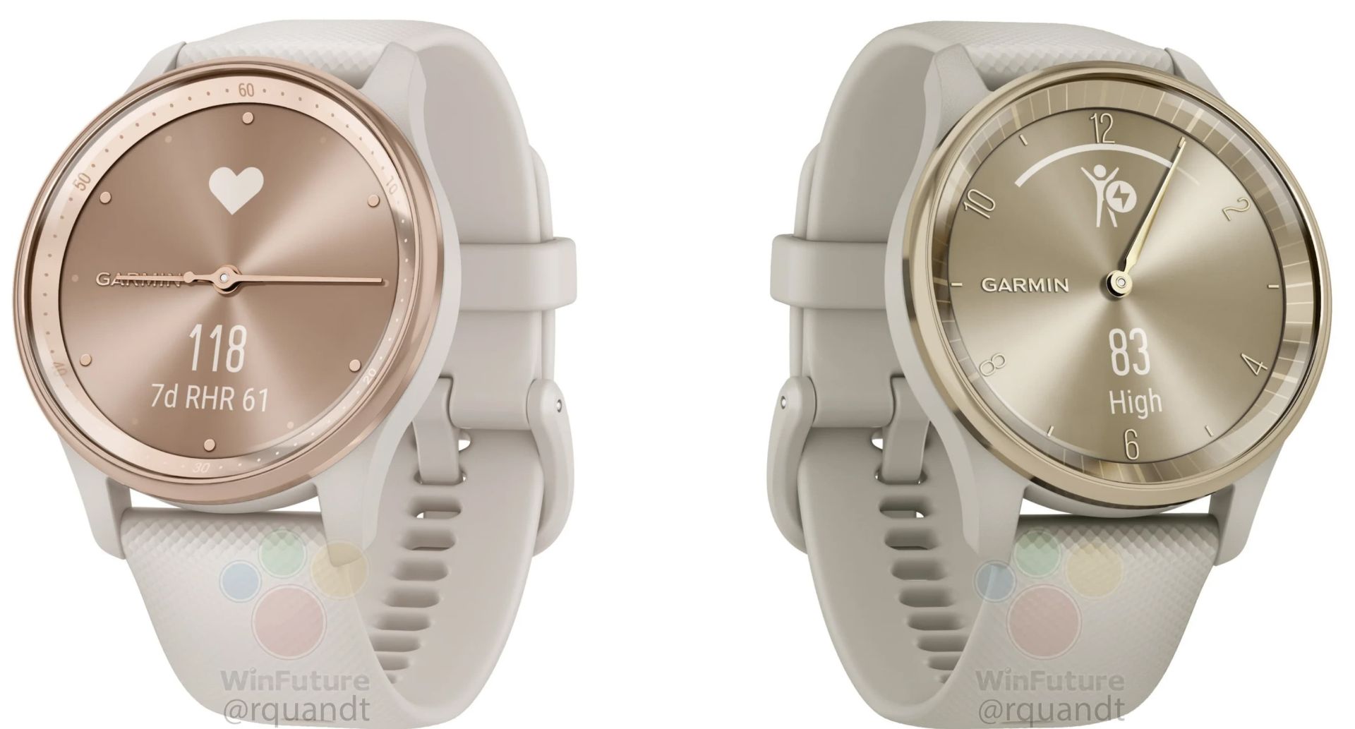 مدل طلایی و رزگلد ساعت گارمین Garmin Vivomore Trends از نمای جلو