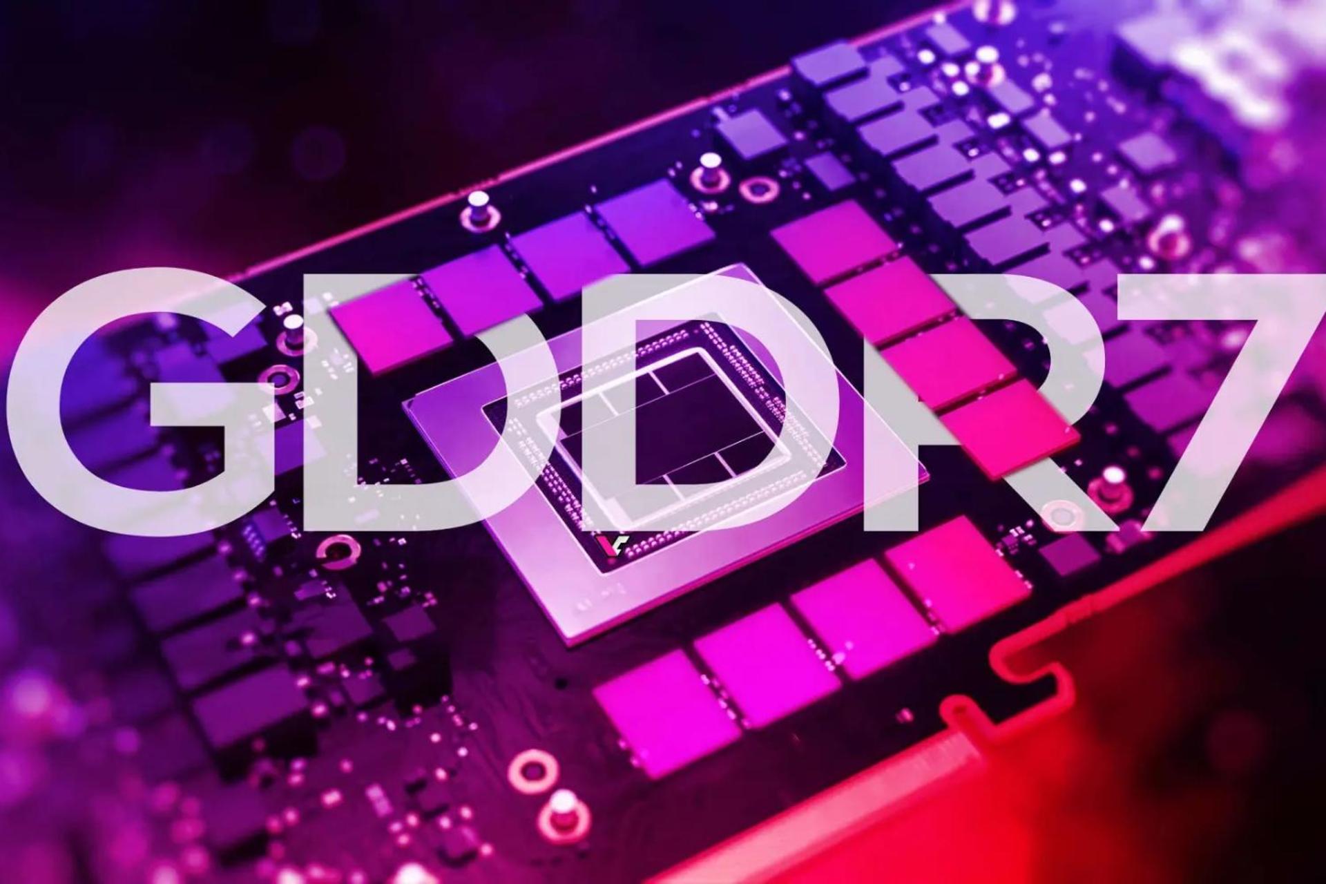 تصویر گرافیکی از حافظه ویدیویی با رنگ بنفش نئونی با نوشته GDDR7 سفید