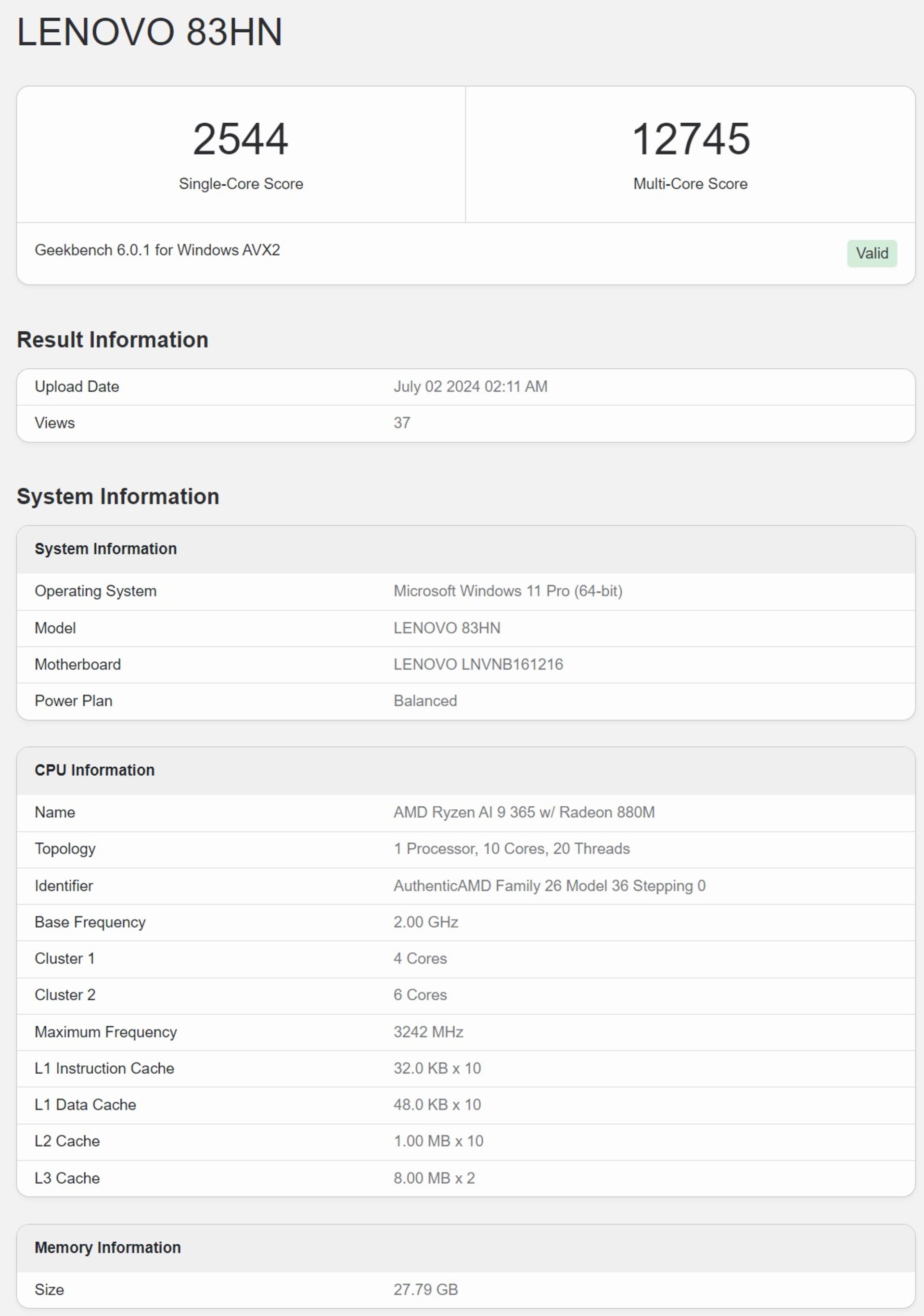 امتیاز تراشه‌ی Ryzen AI 9 365 در گیک‌بنچ ۶