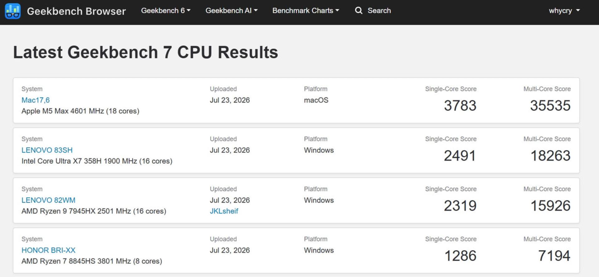 جدول مقایسه نتایج بنچمارک CPU در نسخه Geekbench 7 برای سیستم‌های مختلف