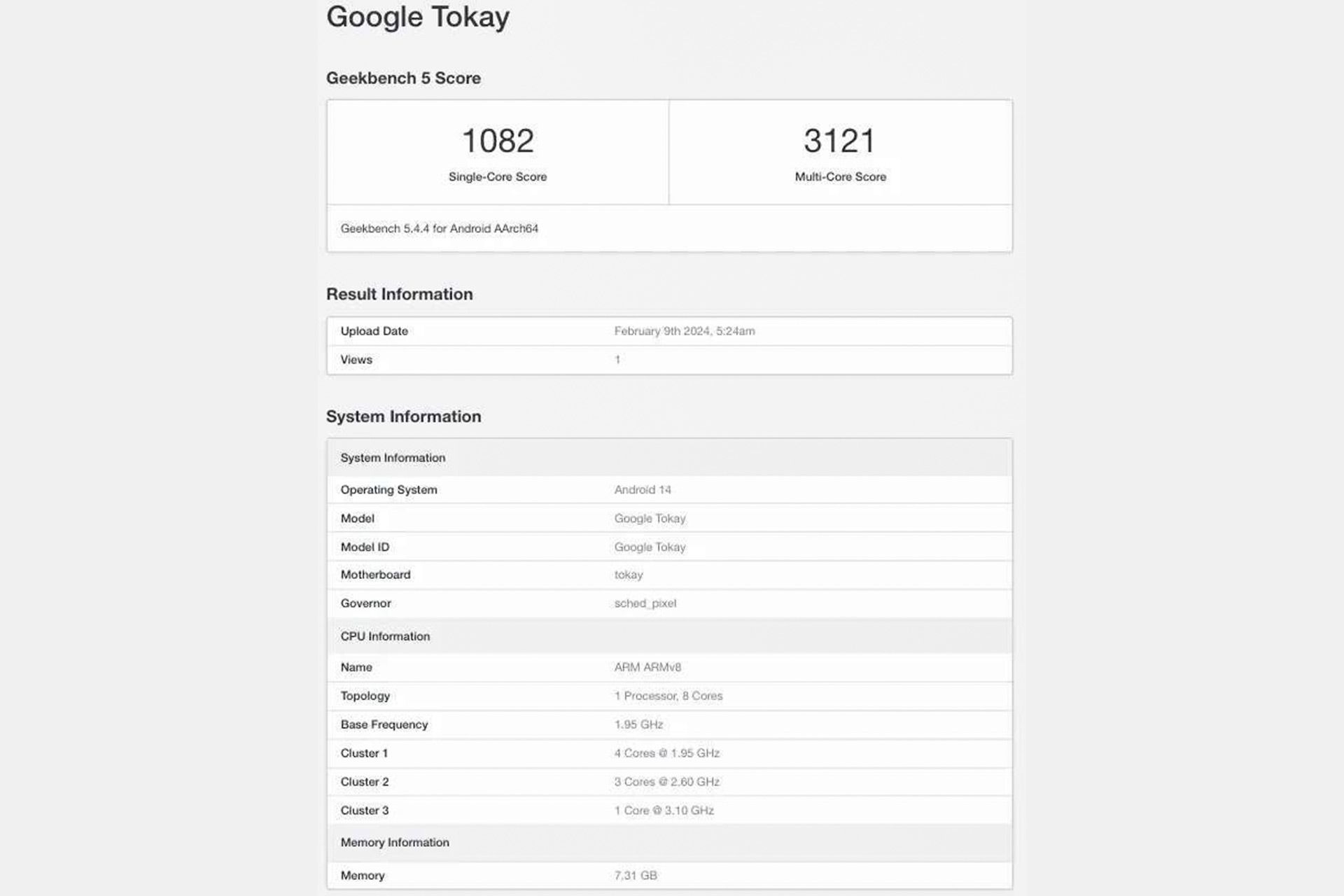 گیک‌بنچ پیکسل ۹ گوگل