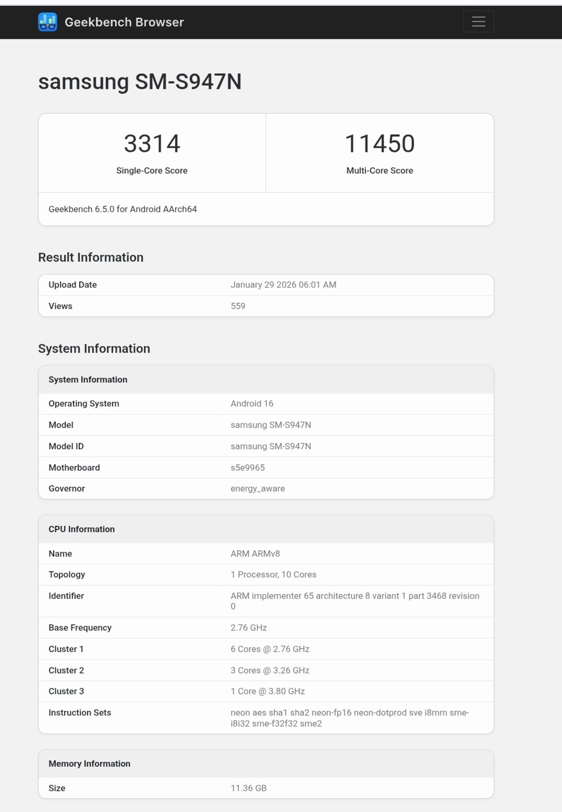 امتیاز گلکسی S26 پلاس در گیک‌بنچ