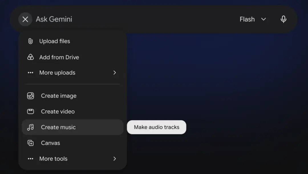 منوی ابزارهای هوش مصنوعی Gemini شامل گزینه Create music برای ساخت آهنگ