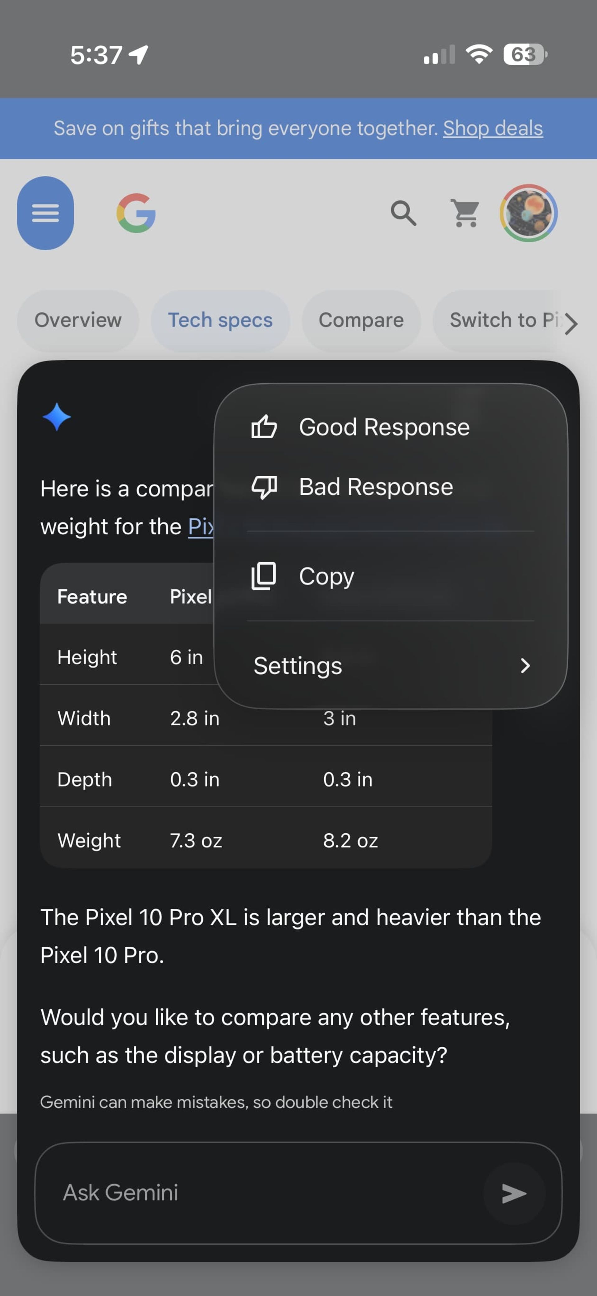 نمایش هوش مصنوعی جمنای در مرورگر کروم iOS