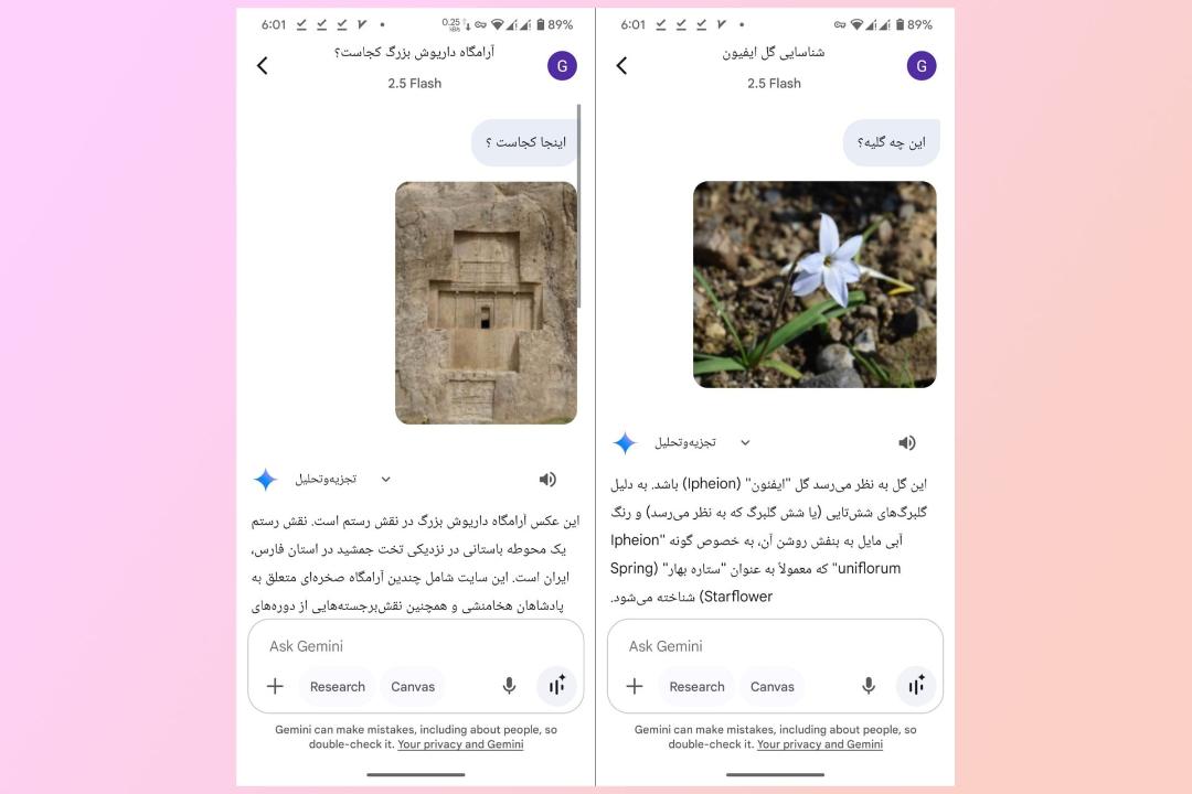 مثال‌های استفاده از اپلیکیشن جمنای در اندروید