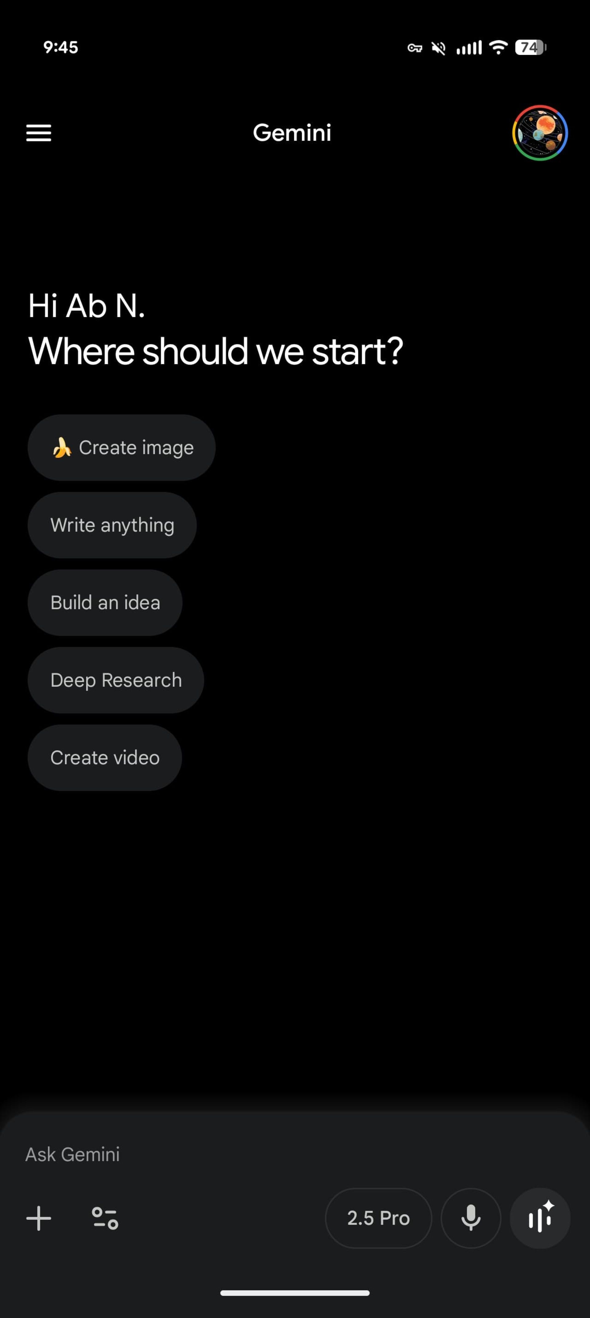 طراحی جدید صفحه‌ی اصلی اپ جمنای حالت تیره