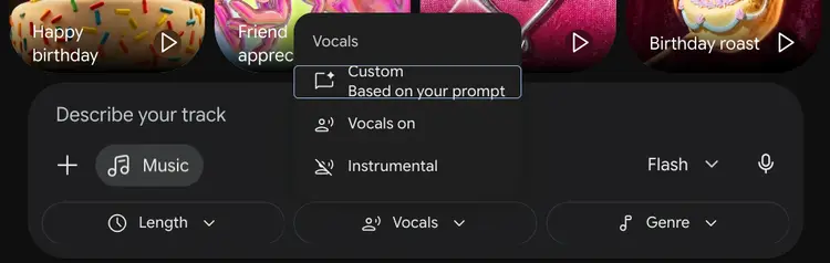 منوی تنظیمات Vocals در رابط کاربری هوش مصنوعی Gemini برای ساخت آهنگ