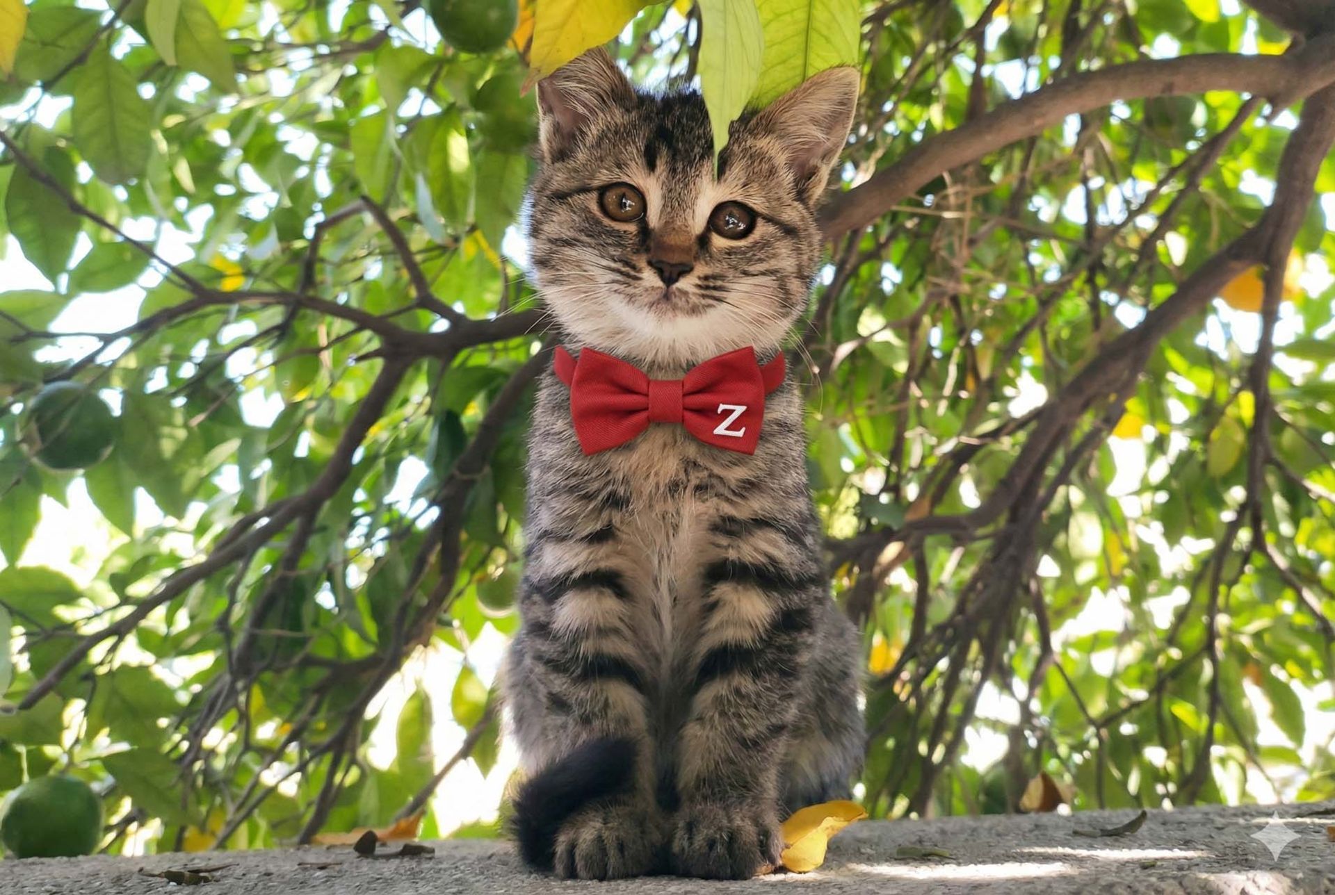 گربه با پاپیون قرمز روی دیوار 