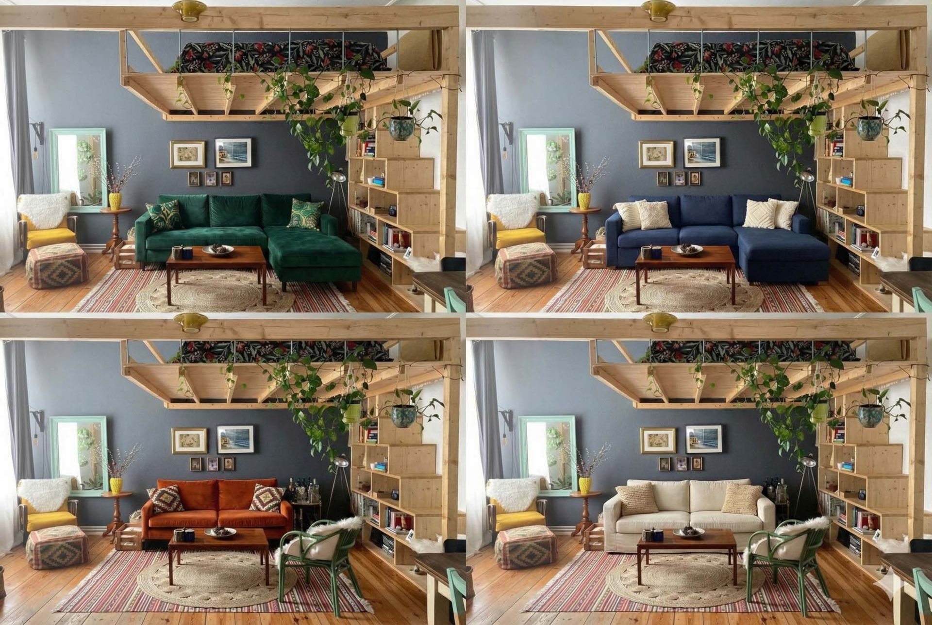 چهار تصویر از اتاق نشیمن با مبل های متفاوت به صورت کلاژ 