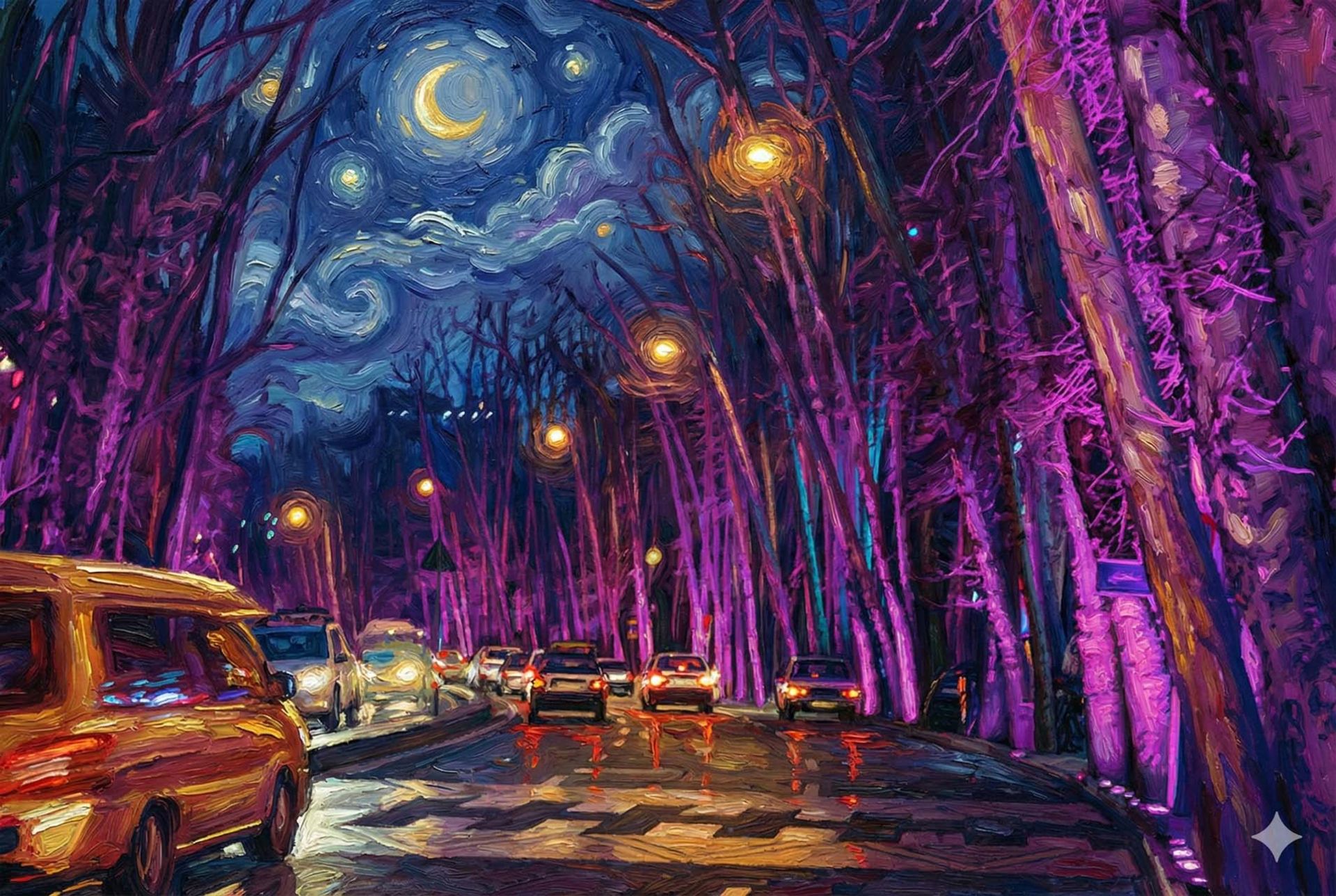 تصویر خیابان ولیعصر تهران با استایل نقاشی ون گوگ