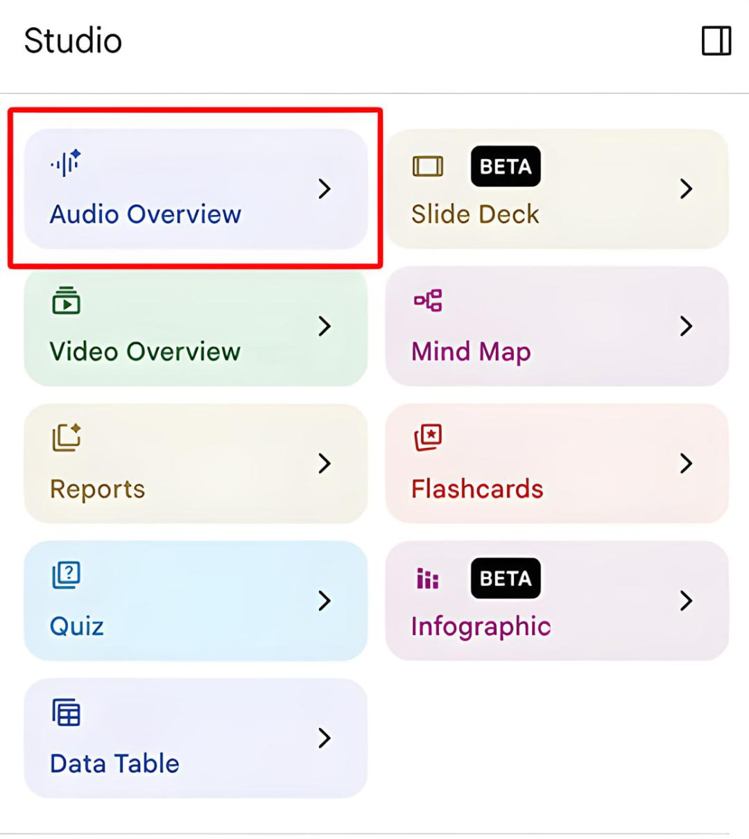 گزینه Audio Overview (خلاصه صوتی) در محیط استودیو هوش مصنوعی Gemini Notebook