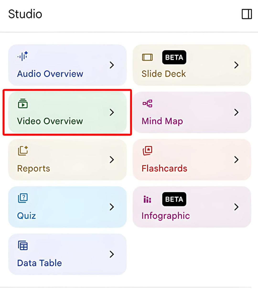 گزینه ویدیو (Video Overview) در پنل استودیو هوش مصنوعی Gemini Notebook