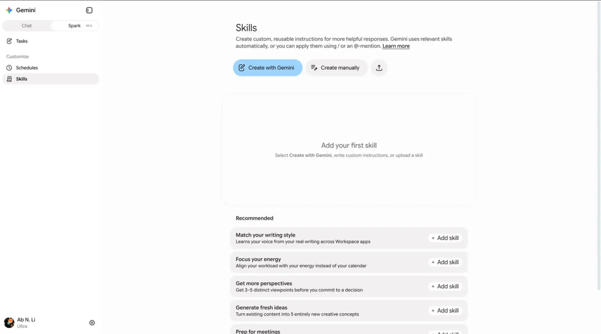 نمای پنل تنظیمات مهارت‌ها یا Skills در محیط کاربری هوش مصنوعی جمنای با گزینه‌های ایجاد دستی و خودکار.