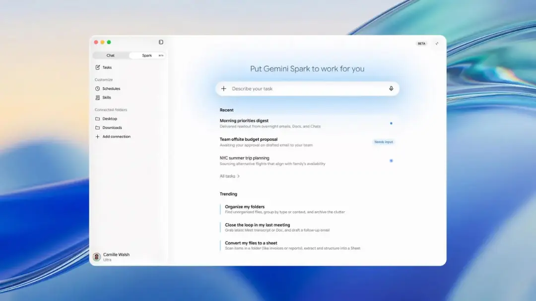 نمای رابط کاربری پنل مدیریت وظایف هوش مصنوعی Gemini Spark با قابلیت مدیریت تسک‌ها