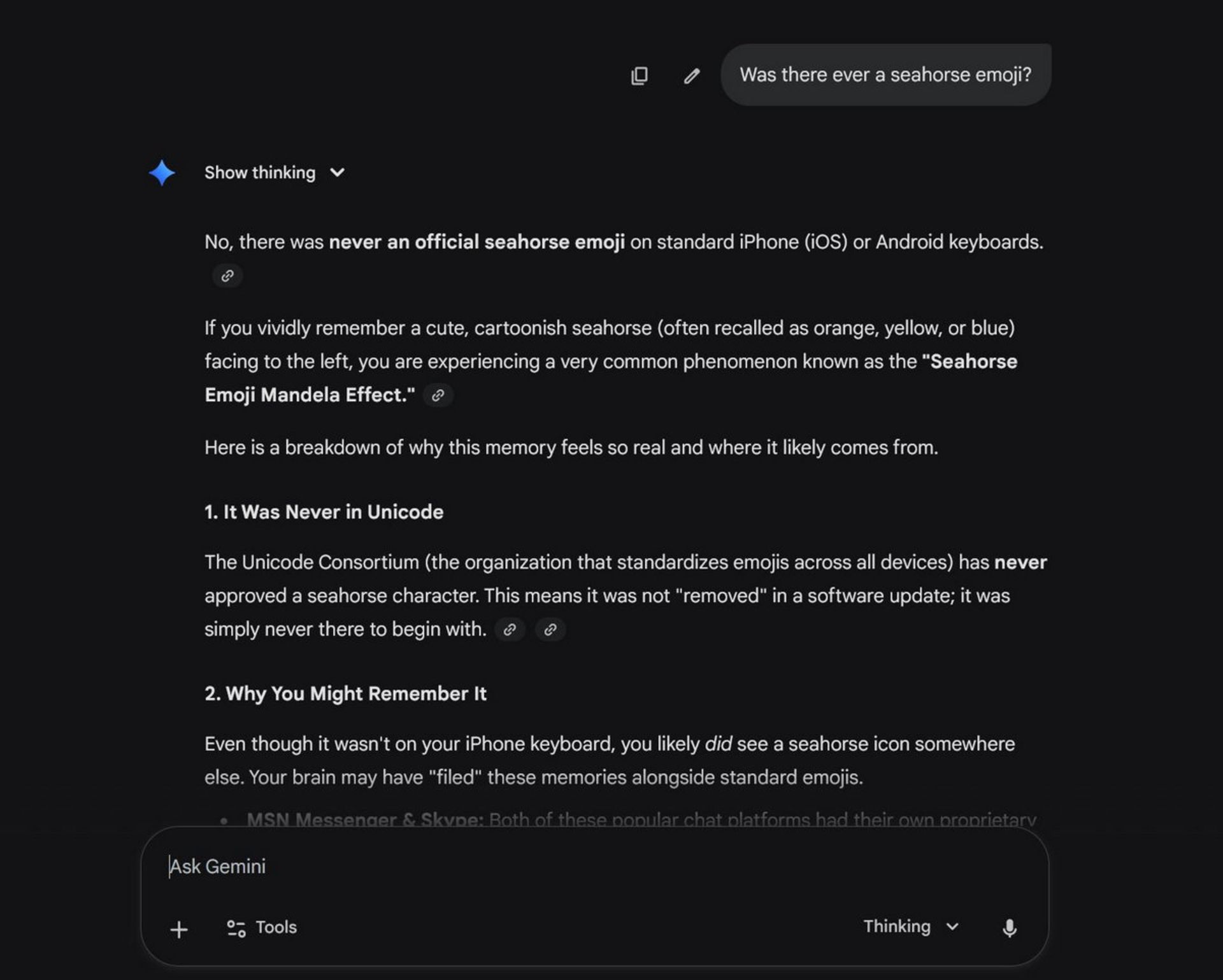 اسکرین‌شات پاسخ جمنای ۳ به درخواست ایموجی اسب دریایی