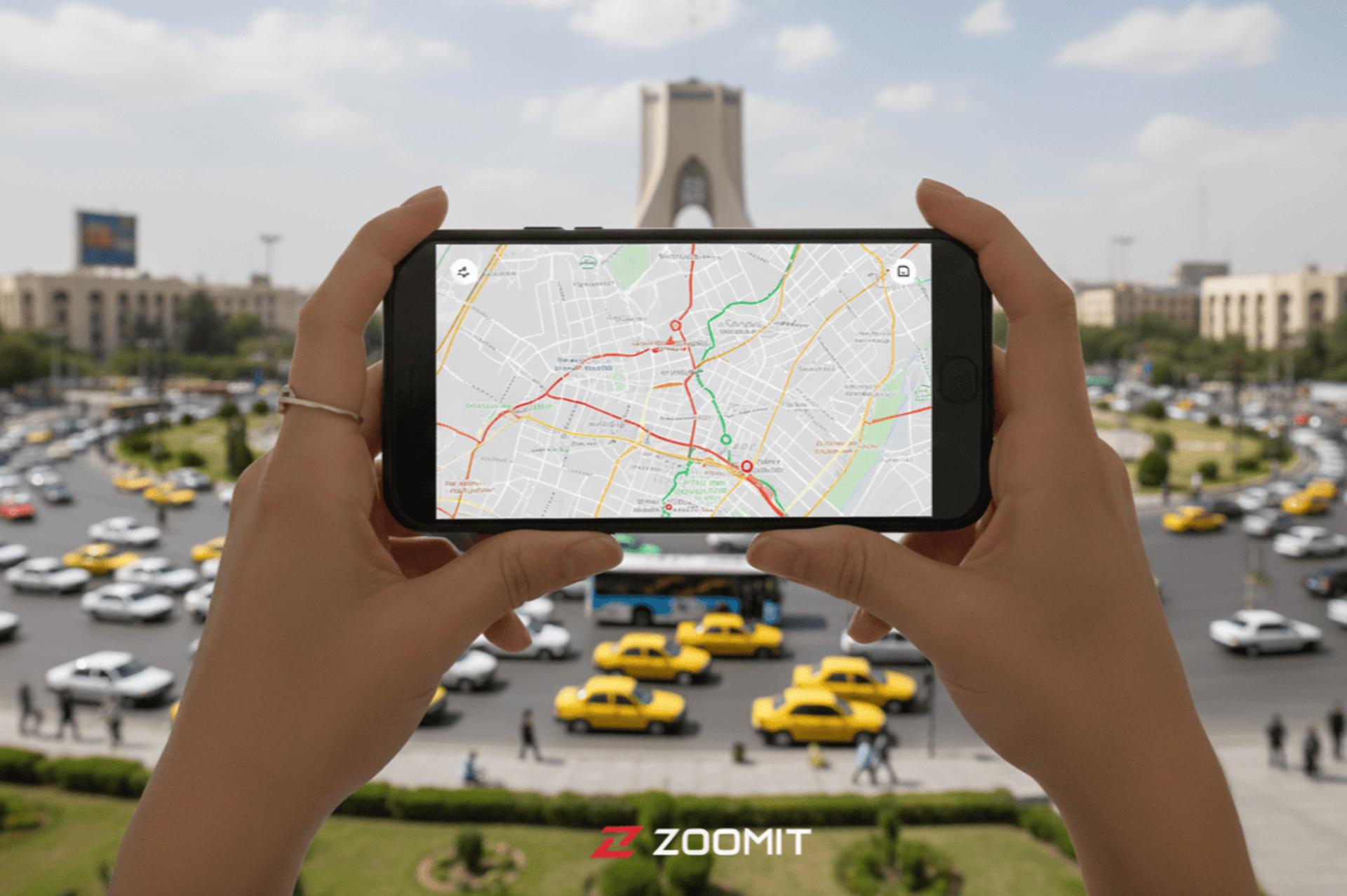 نقشه تهران روی گوشی با پس زمینه برج آزادی