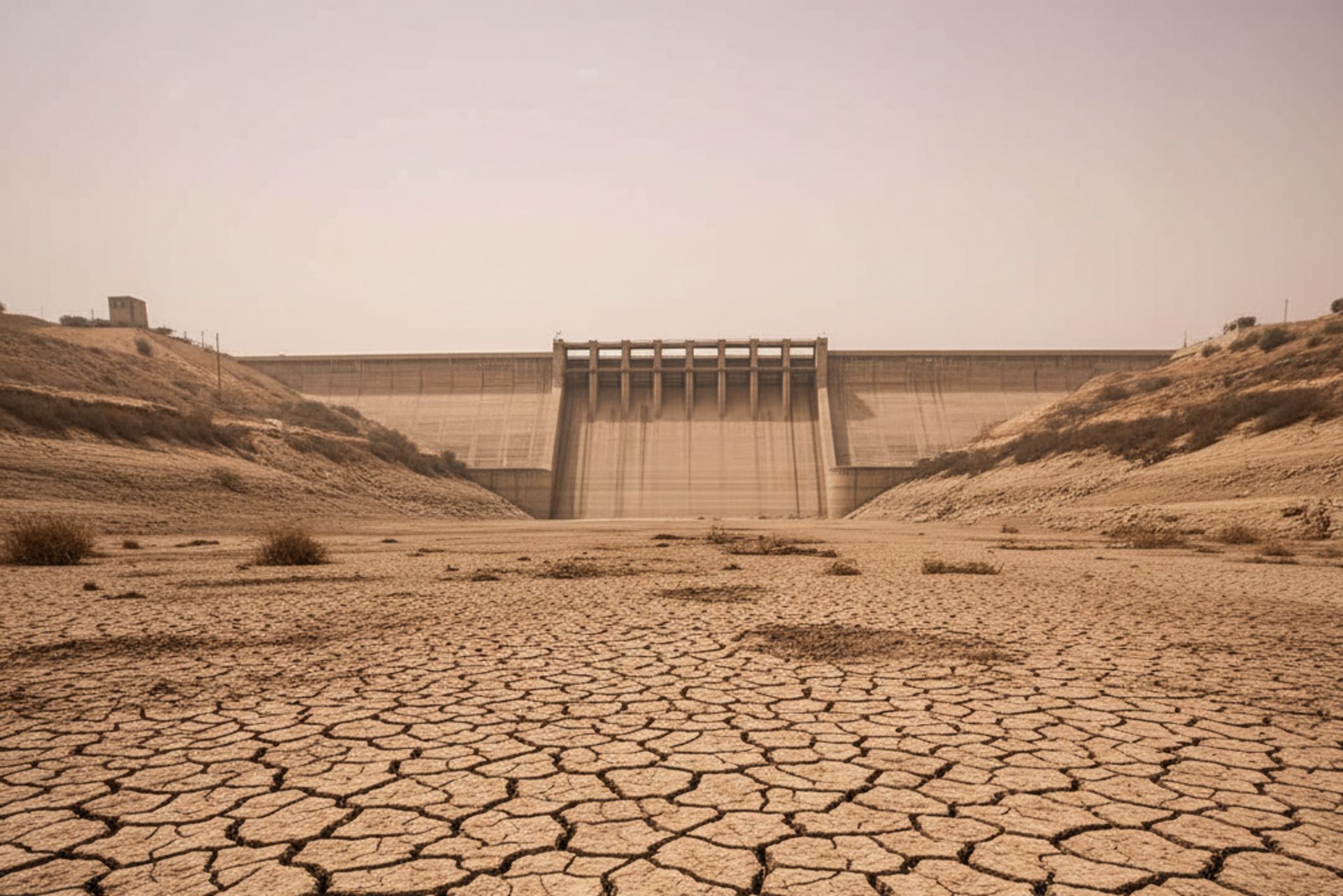 زمینی ترک خورده و خشک که در پس‌زمینه آن سدی بی‌آب قرار دارد، نمادی از ورشکستگی منابع آبی و فرونشست زمین در ایران.