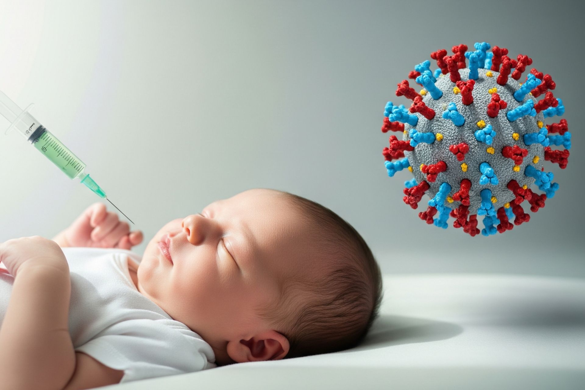 تصویرسازی رئال نوزاد در حال دریافت واکسن و ویروس HIV در تصویر با پس زمینه سفید و آبی دودی