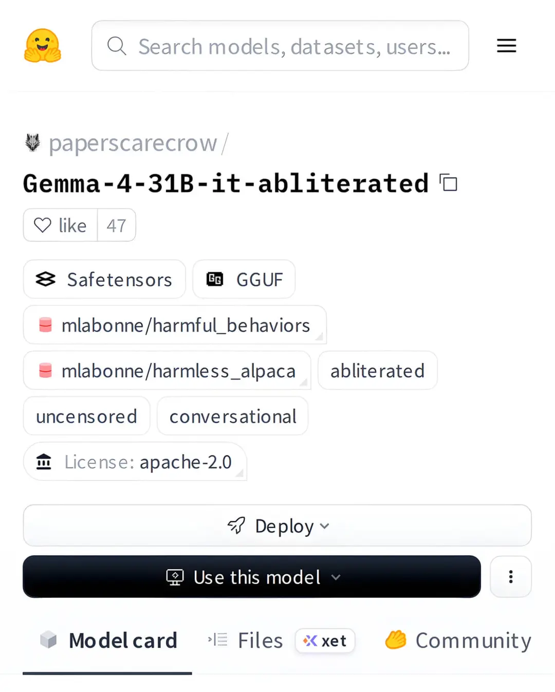 صفحه‌ی مدل‌ بدون حفاظ  Gemma-4-3 در Hugging Face؛ مدل‌های متعددی با برچسب‌هایی مانند Abliterated و Uncensored روی این پلتفرم منتشر شده‌اند 