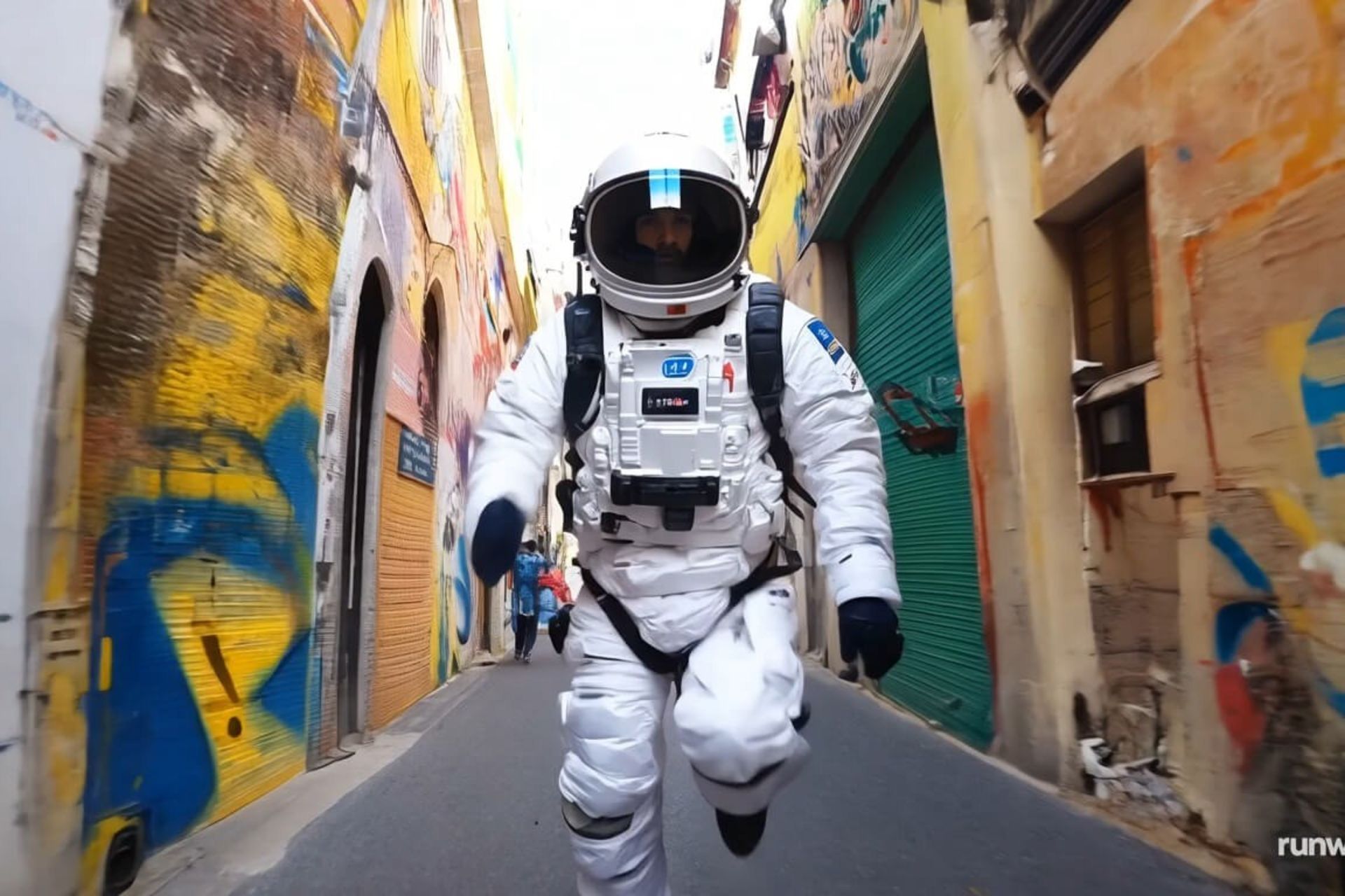 تصویر هوش مصنوعی مردی که با لباس فضانوردی در حال دویدن در یک کوچه است