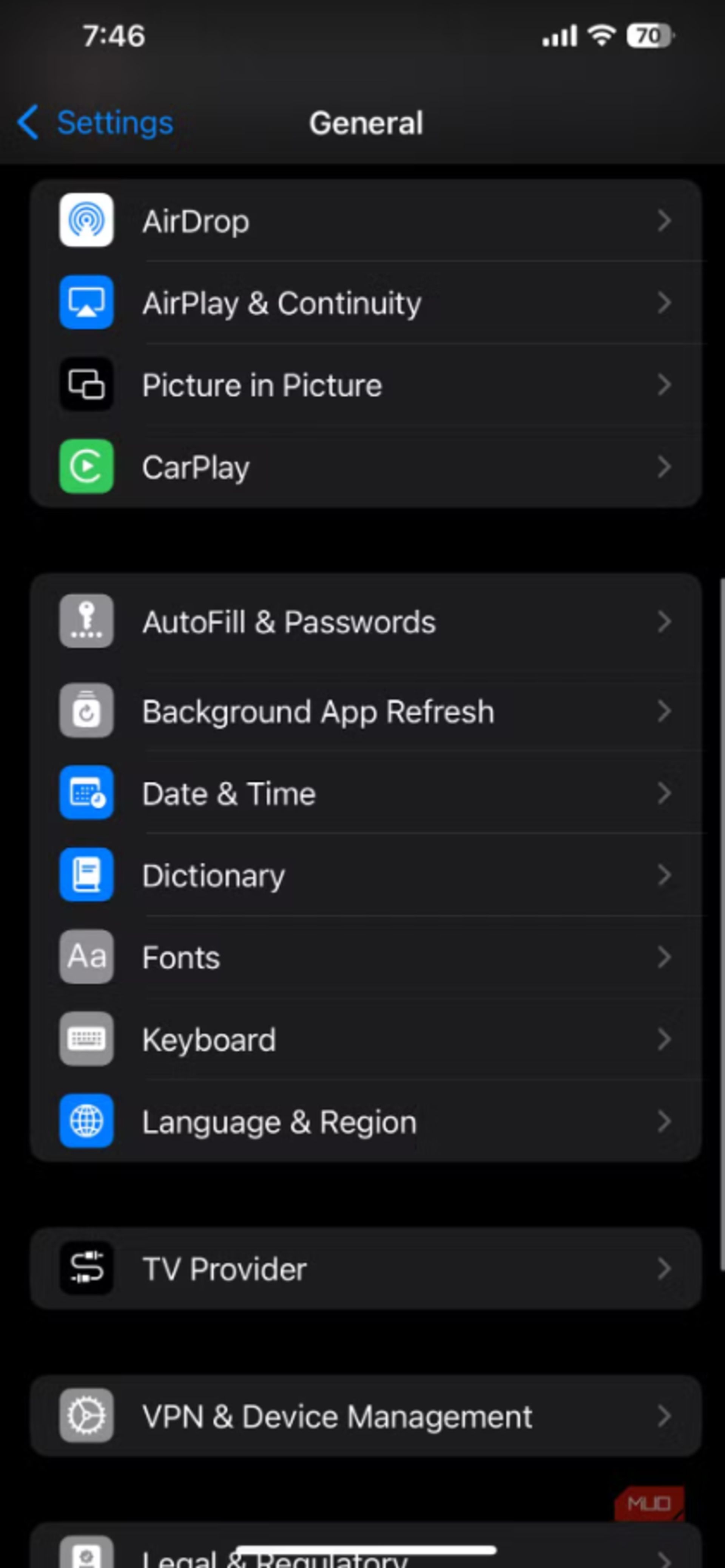 بخش General در ios