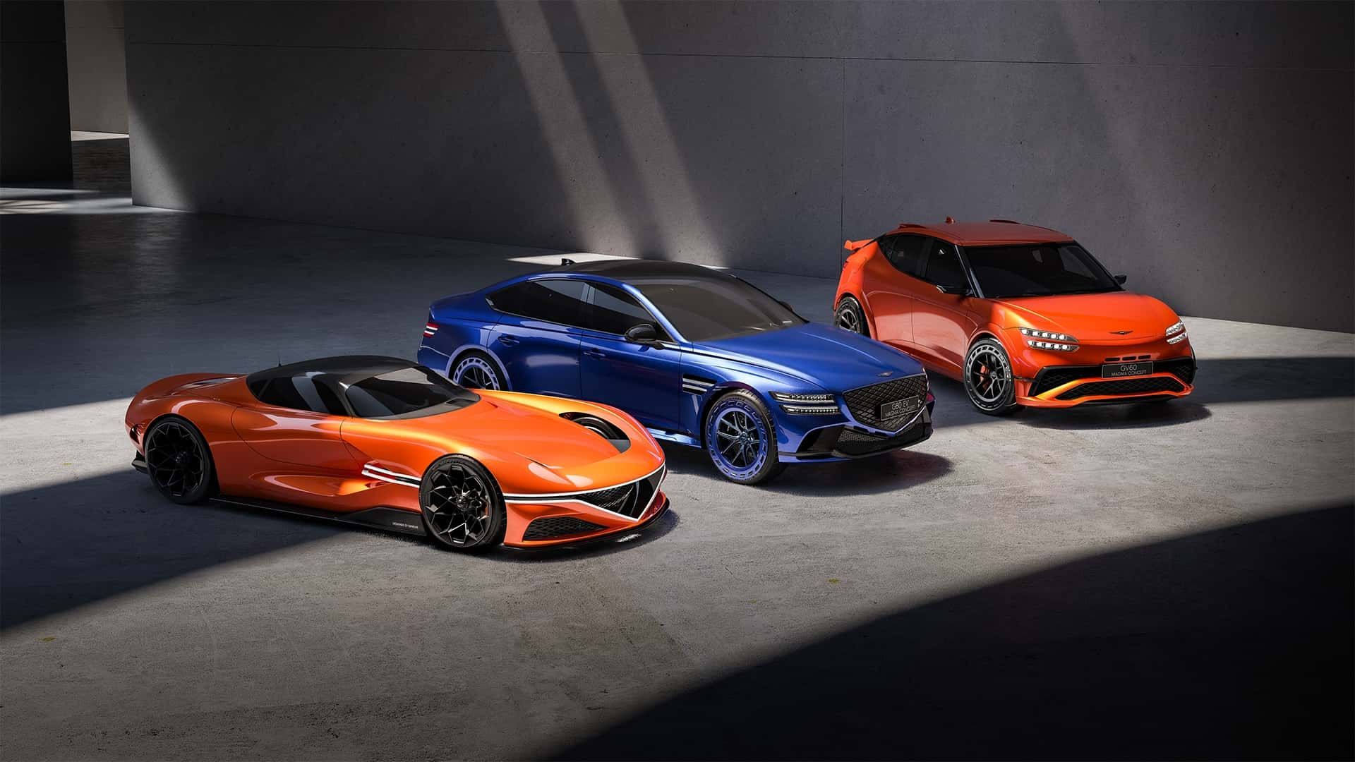 جنسیس G80 ای‌وی مگما کانسپت در کنار GV60 و  X Gran Berlinetta 