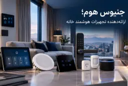دستگاه‌های هوشمند خانه از برند جنیوس هوم (Genius Home) روی میز قرار دارند
