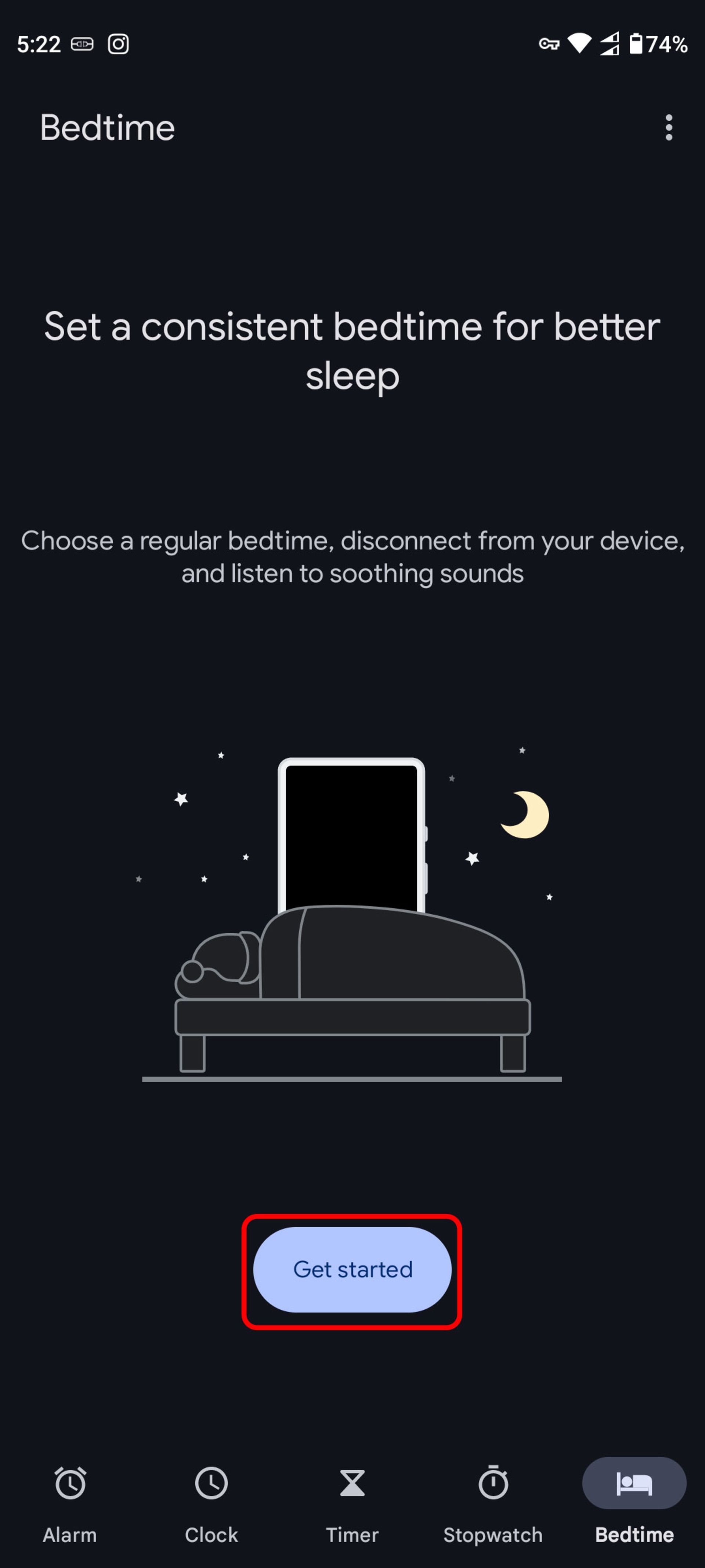 گزینه get start در حالت bedtime ساعت گوگل