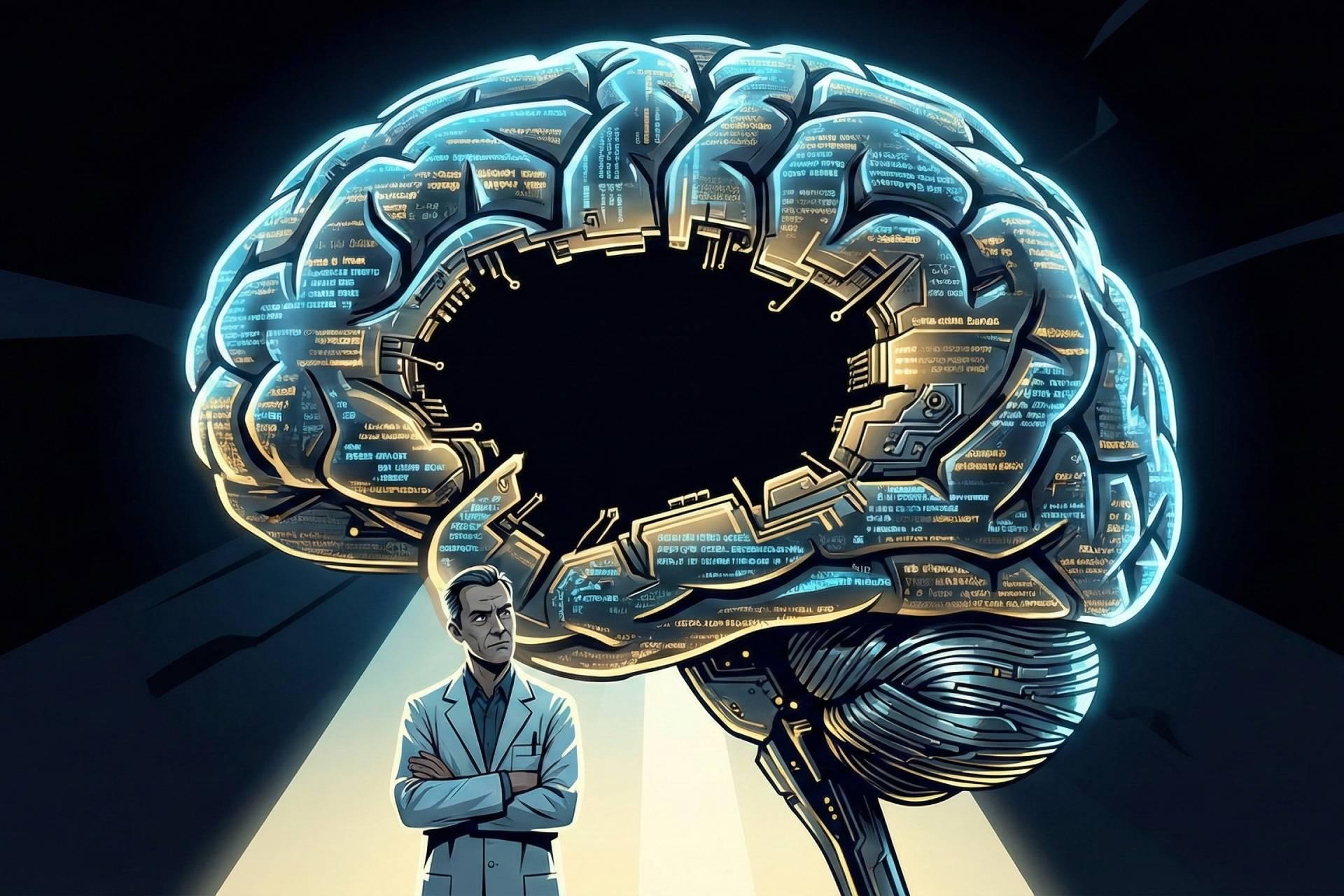 تصویرسازی مغز مکانیکی درخشان و پیچیده از متن و مدارها با مرکز توخالی؛ دانشمند شکاک با دست‌های ضربدری در پیش‌زمینه.