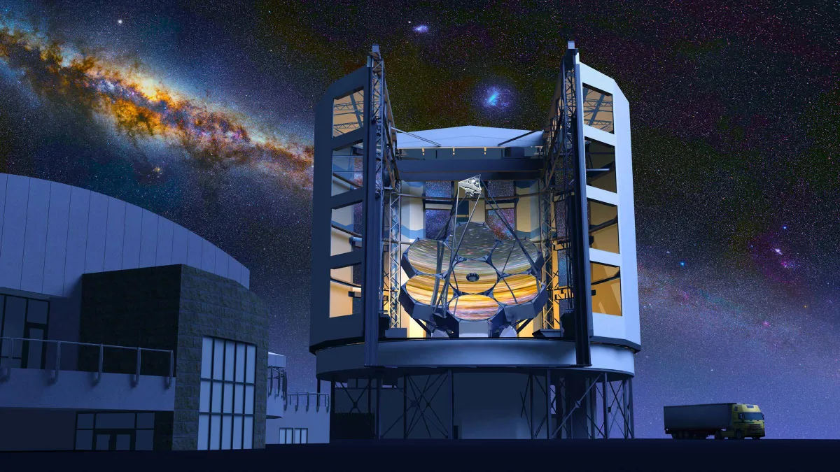 تصویر هنری از تلسکوپ بزرگ ماژلان و آینه ۷ بخشی آن